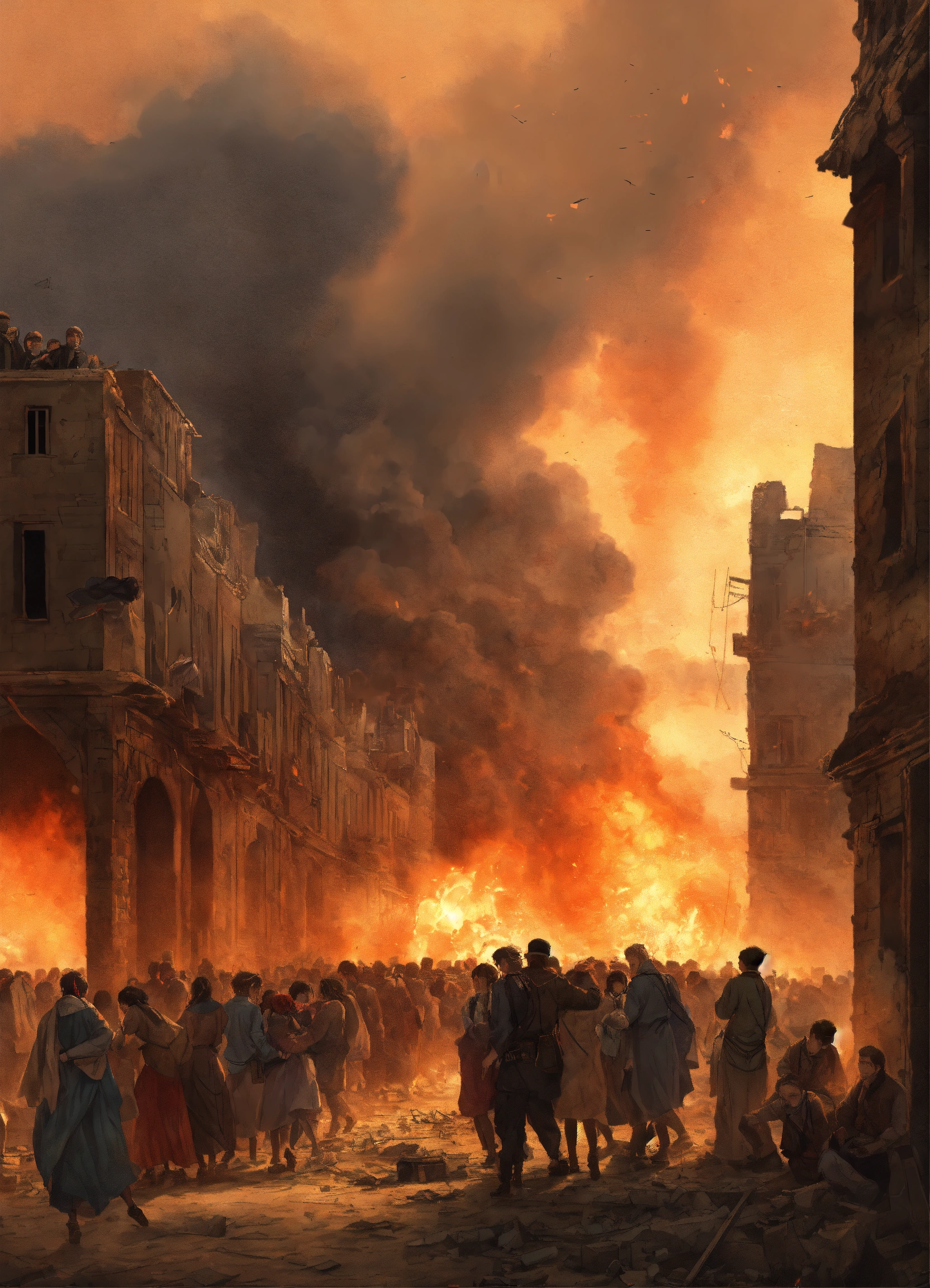 Lexica - Illustration of a war-torn city, with burning buildings and ...