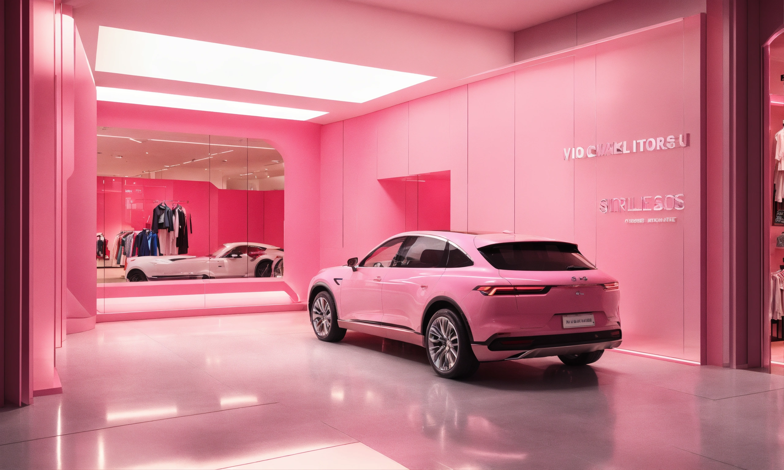 Lexica - Indoor, inside mall, small store, car rental store, pink car ...