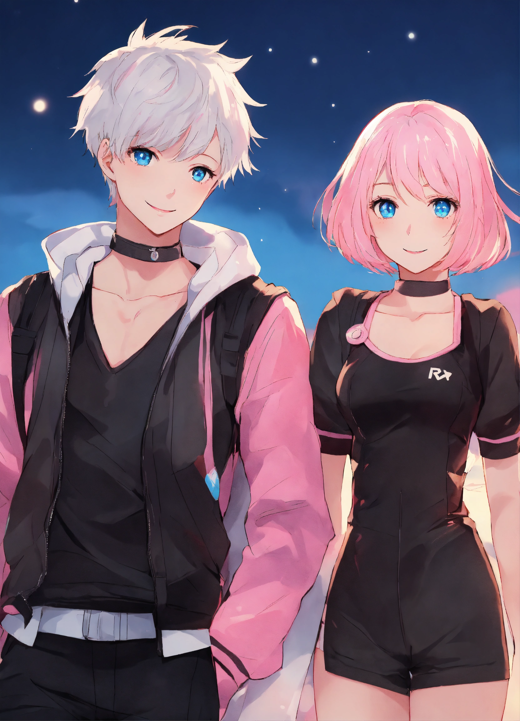 Lexica - Anime artwork of a 20 year old girl with short white hair and a  boy hair cut, wearing black, pink accents, smiling, blue eyes