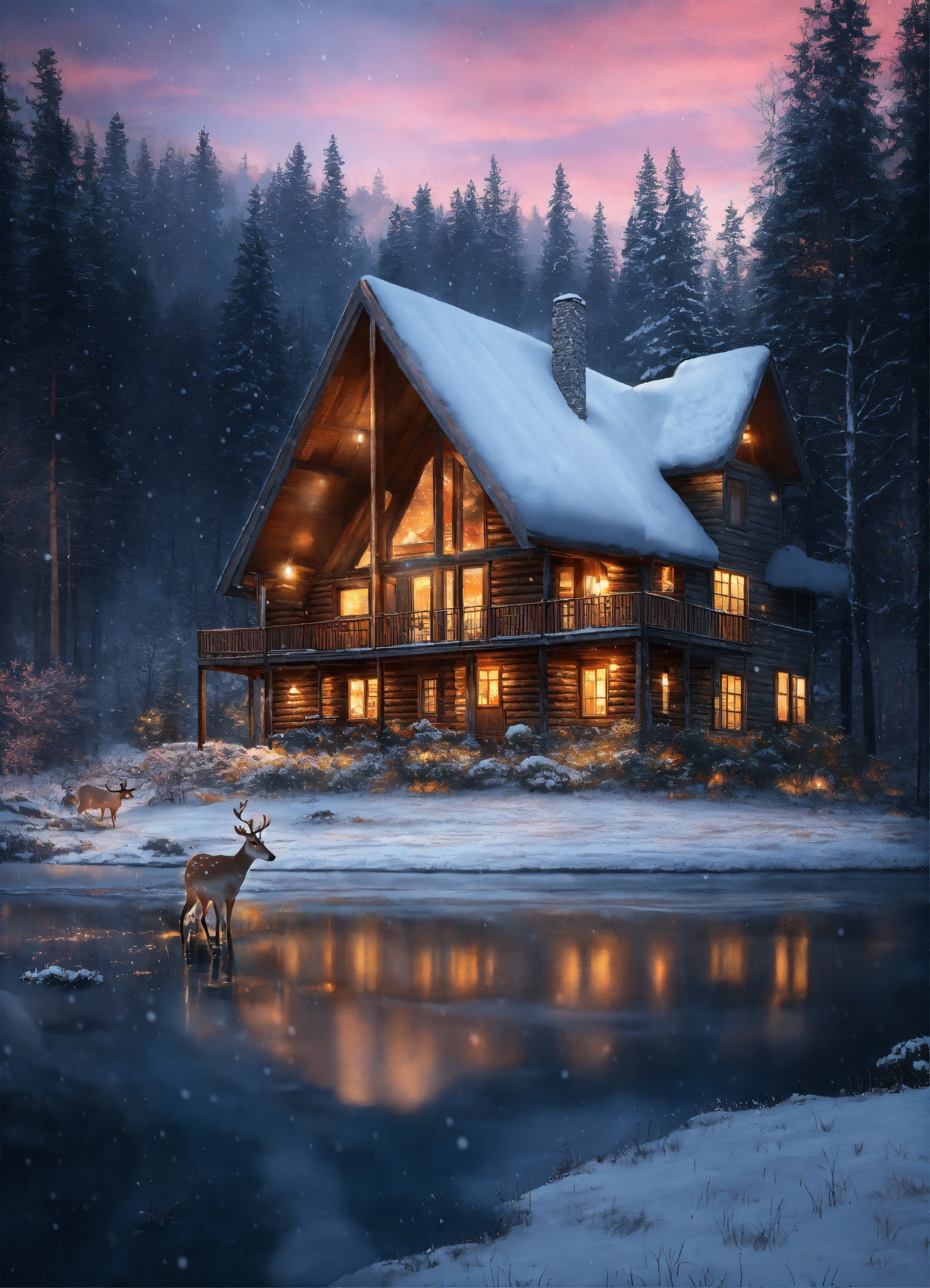 Lexica - A beautiful cabin in the woods with it snowing and snow on the ...