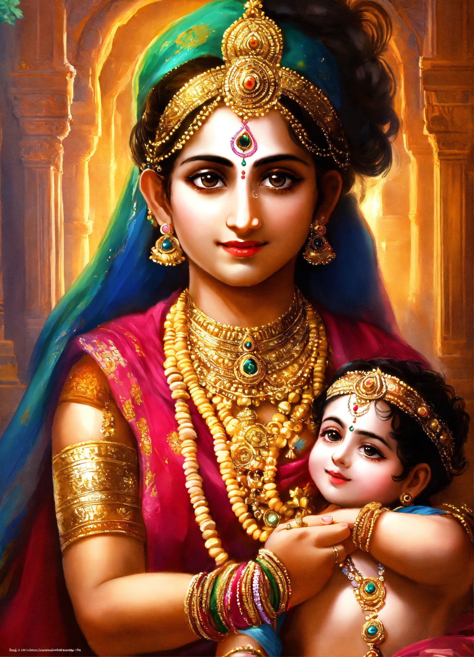 Lexica - Lord krishana as cute kid with fluit with her mother yasodha