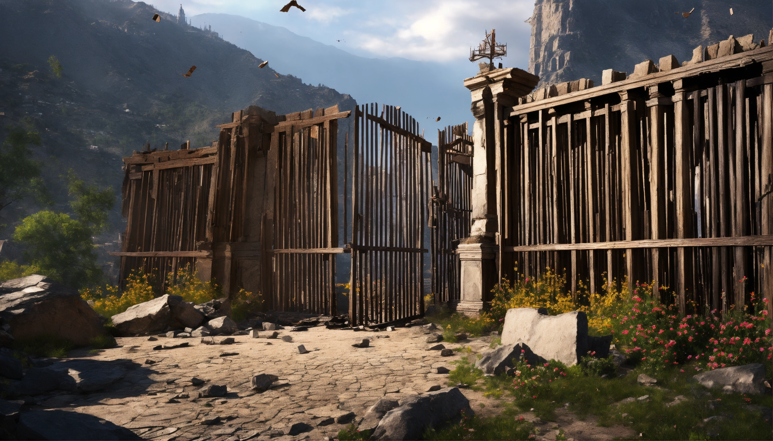 Lexica - Fantasy ransacked palisade gate with structural damage ...
