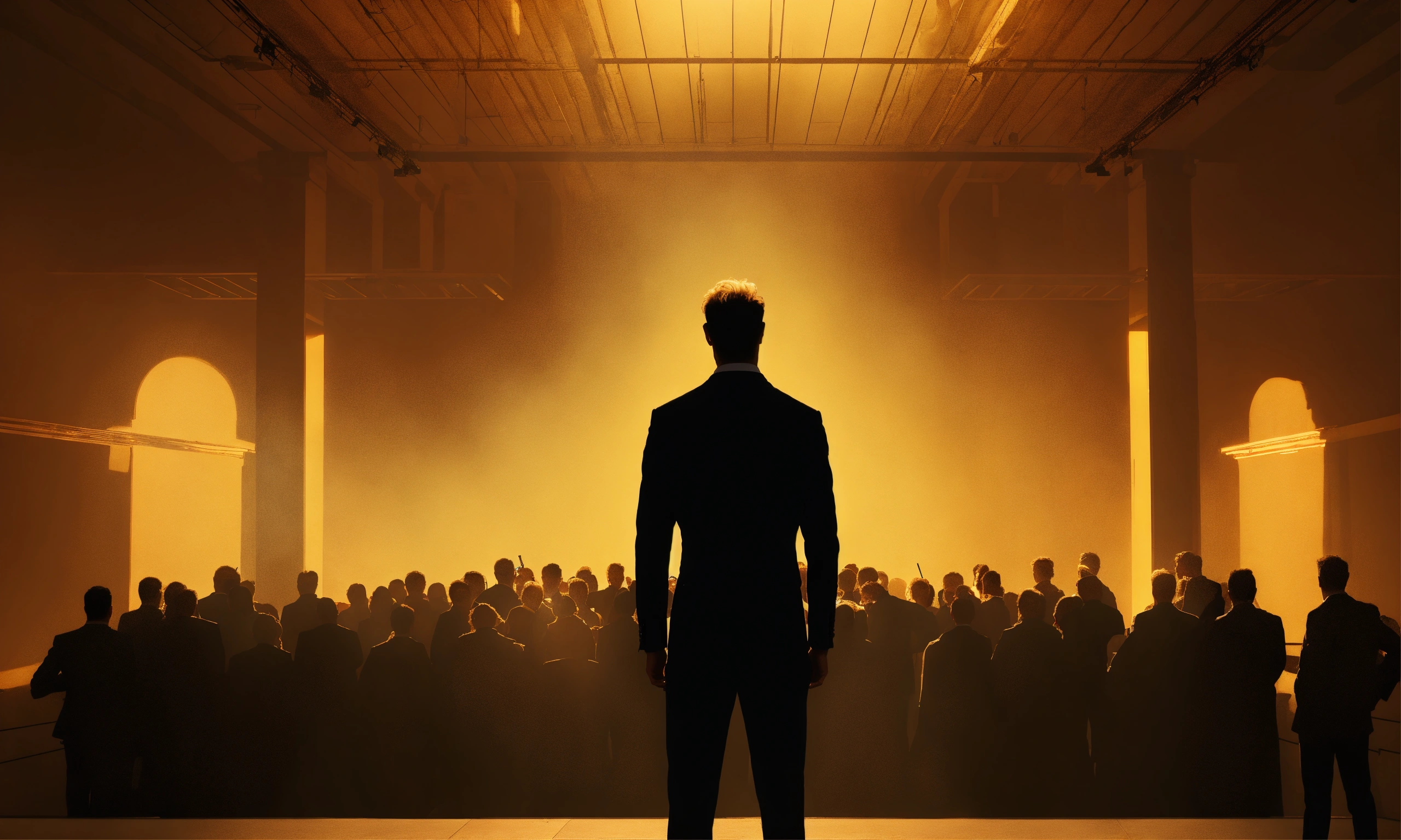 Lexica - Outline of a blond male leader standing in front of a shadowy ...