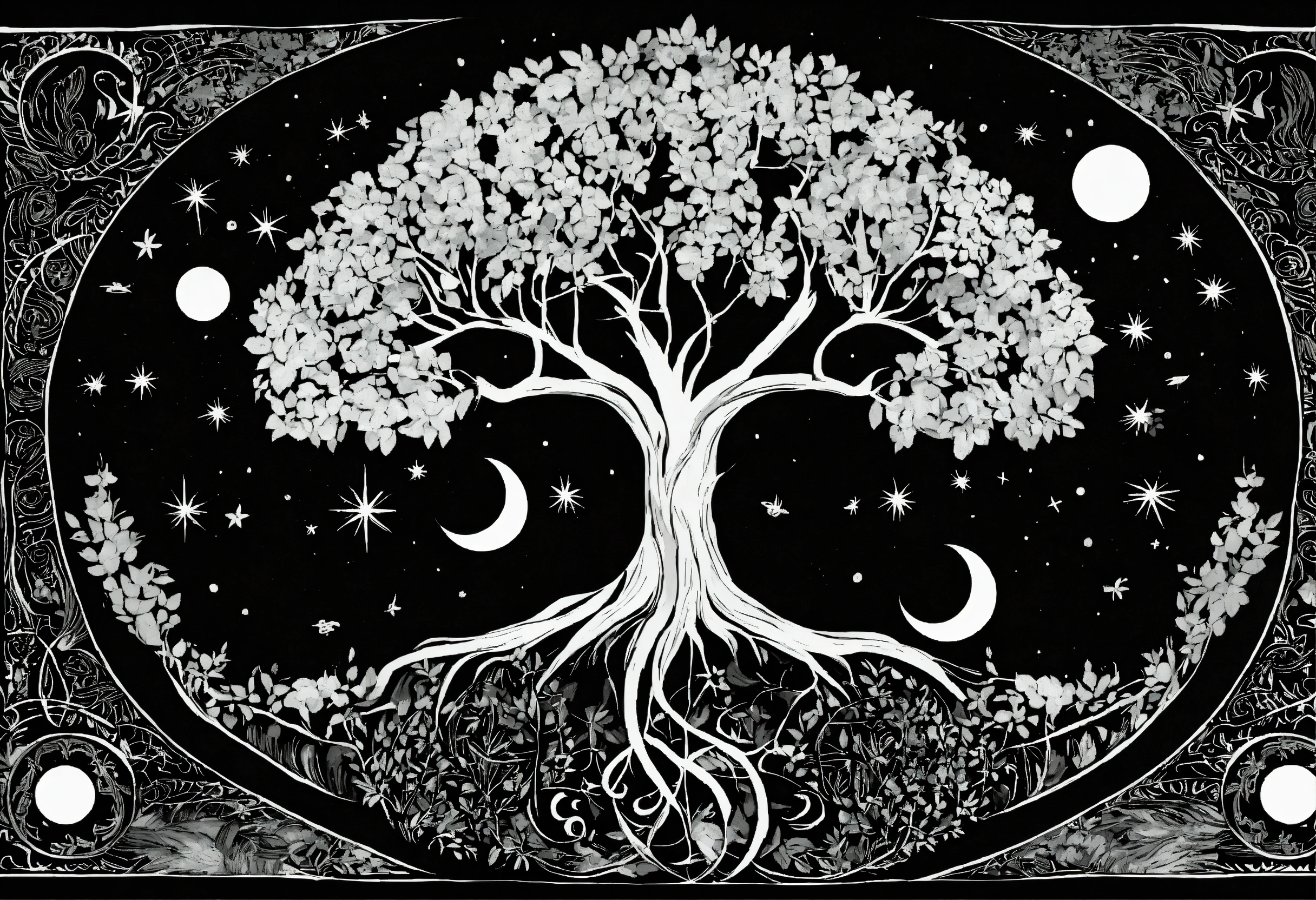 Lexica - Tree of life black and white no leaf with moon sun and stars