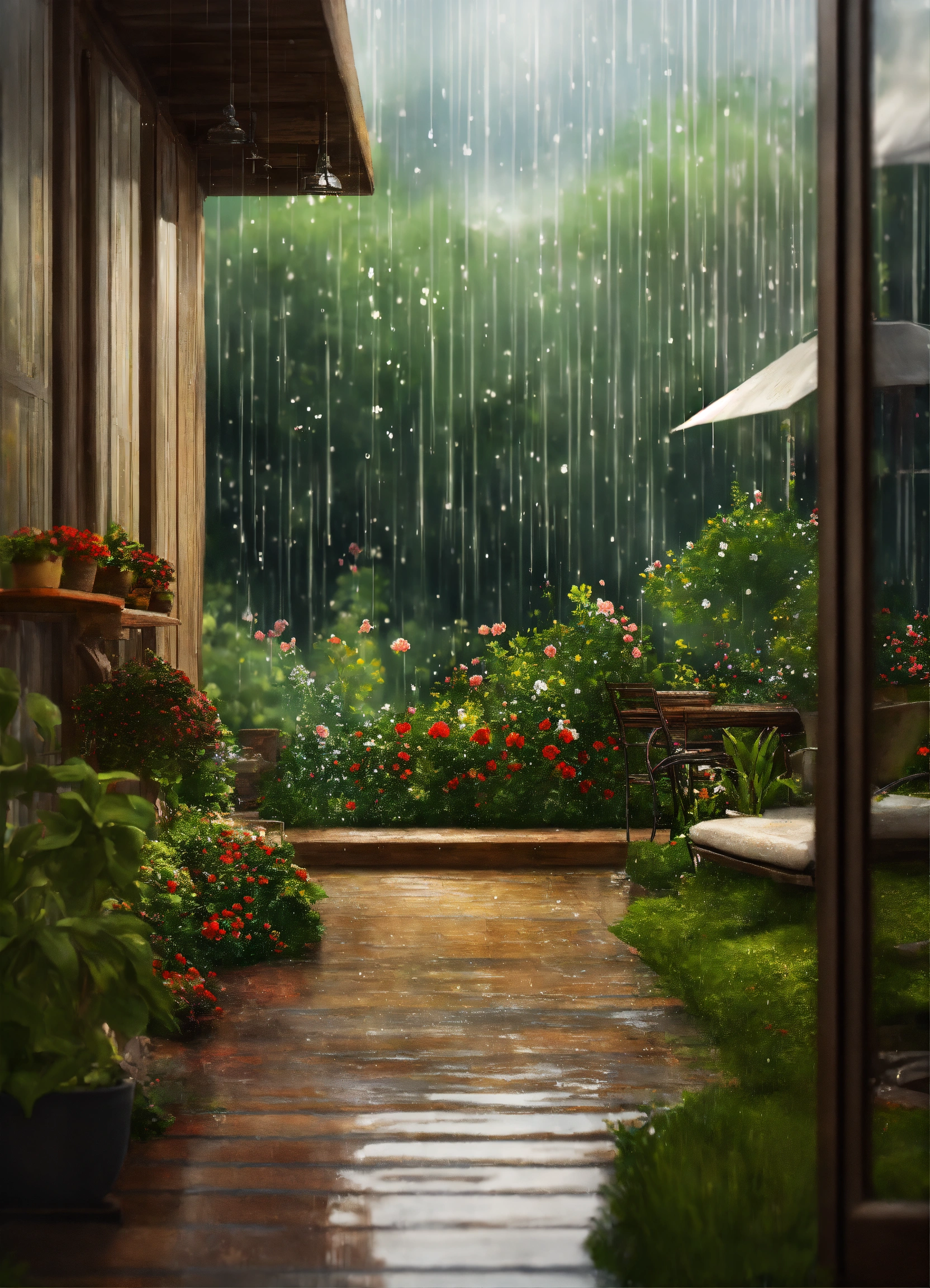 Lexica - Garden atmosphere raining. Realistic landscape