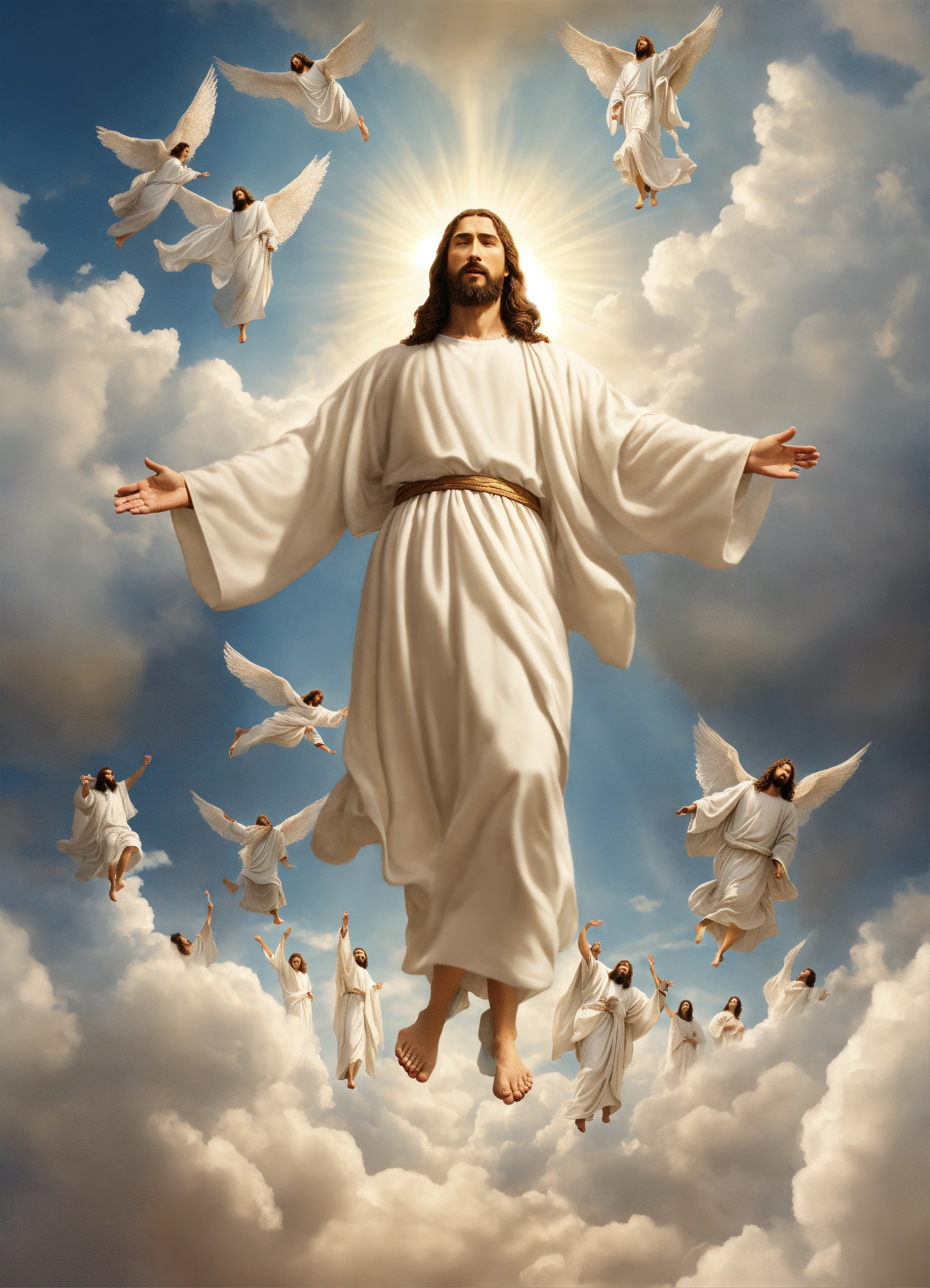 Lexica - Jesus Christ on the clouds wearing white garment with people ...