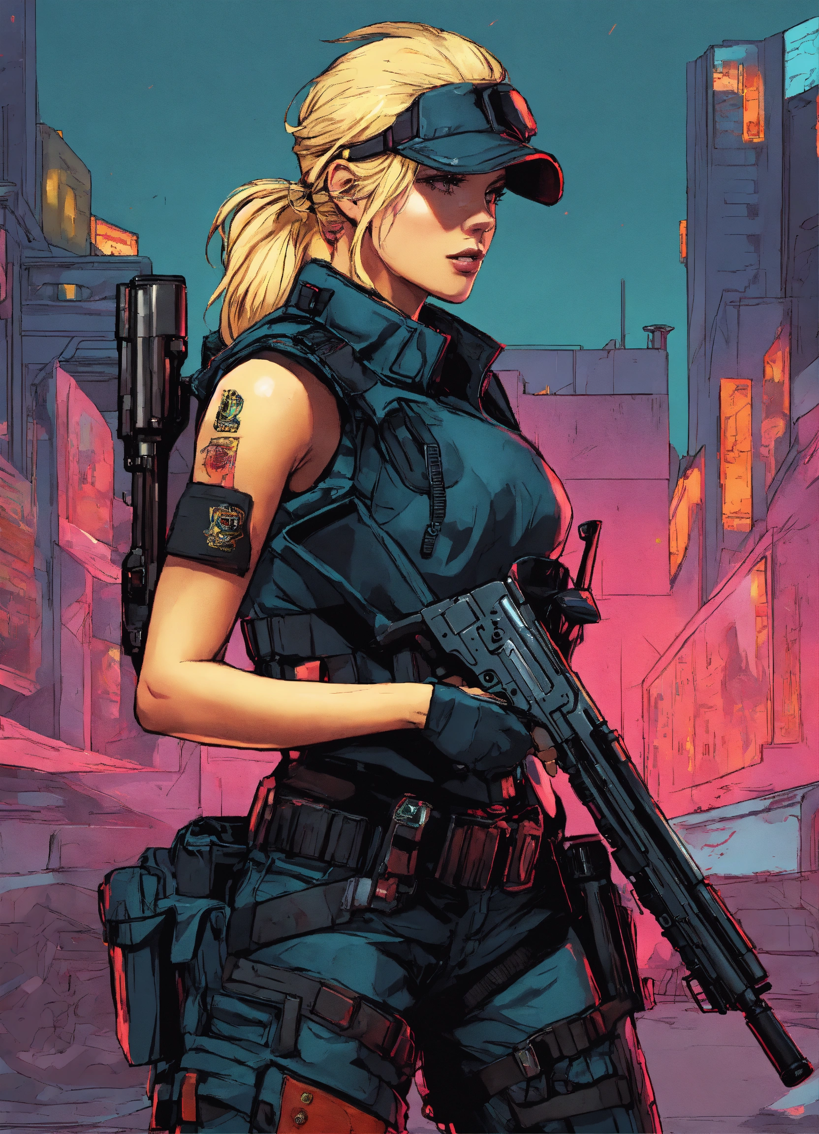 Lexica - Cyberpunk blonde SWAT cop with tight flack vest holding a pump ...