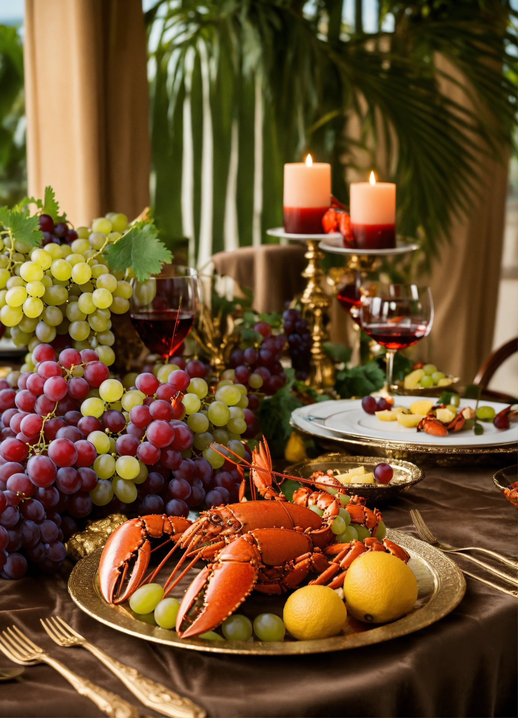Lexica - A decadent table with grapes, lobster, food canopy, tropical ...