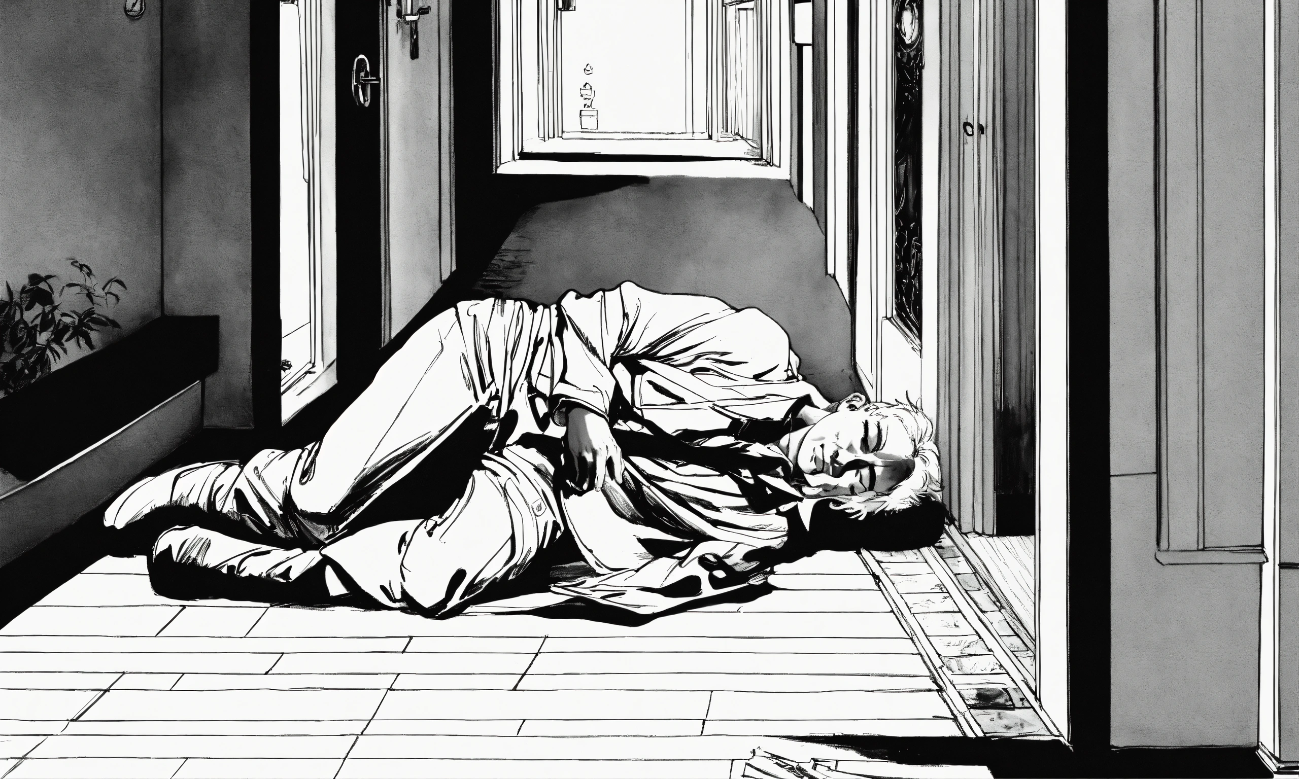 Lexica - A B/W drawing, Milo Manara style, of a man, lying face down in ...