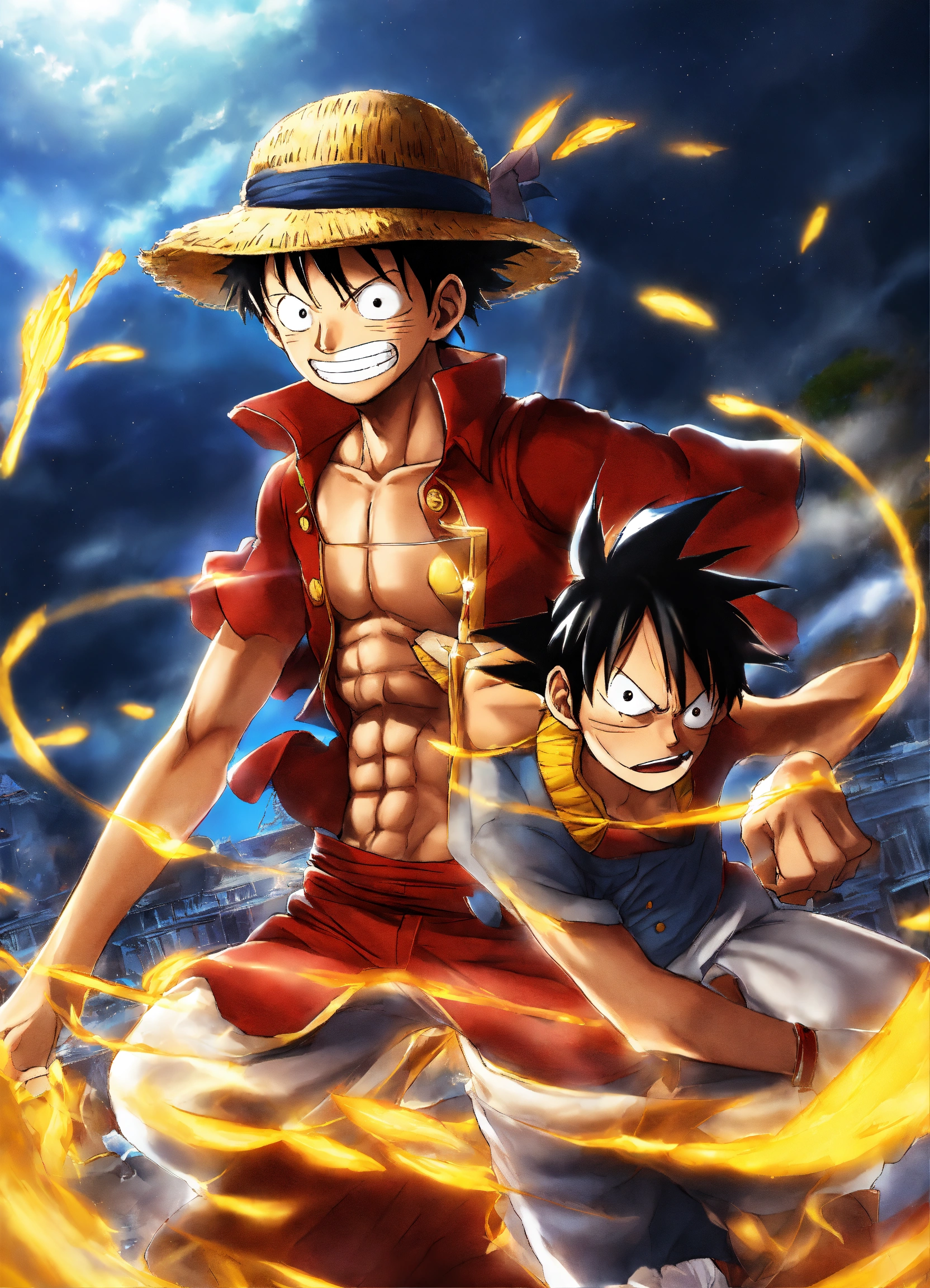 Lexica - Luffy, shiny background ,with zozo,fighting