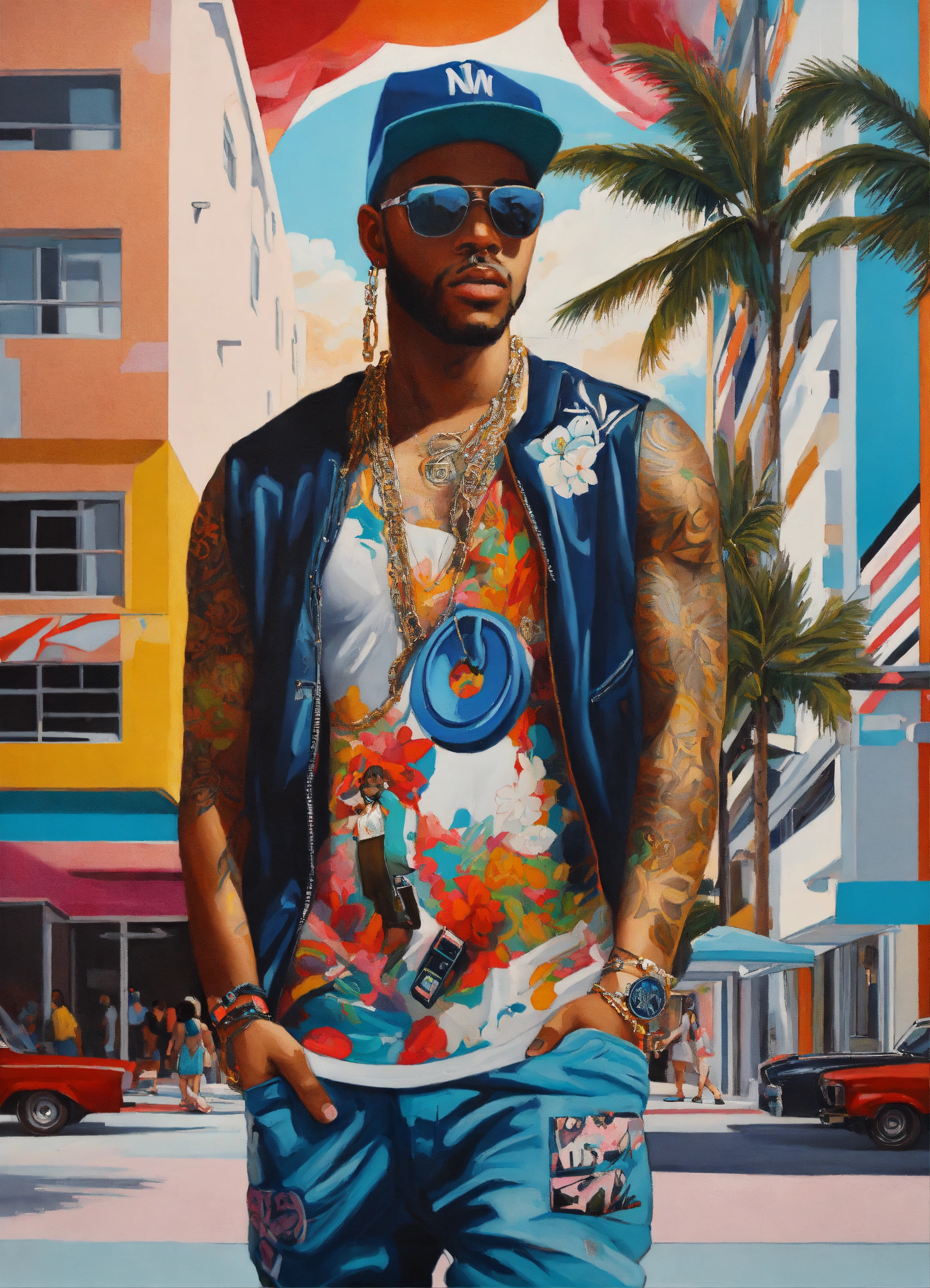 Lexica - A rapper walking in Miami Beach oil painting Tristan eaton