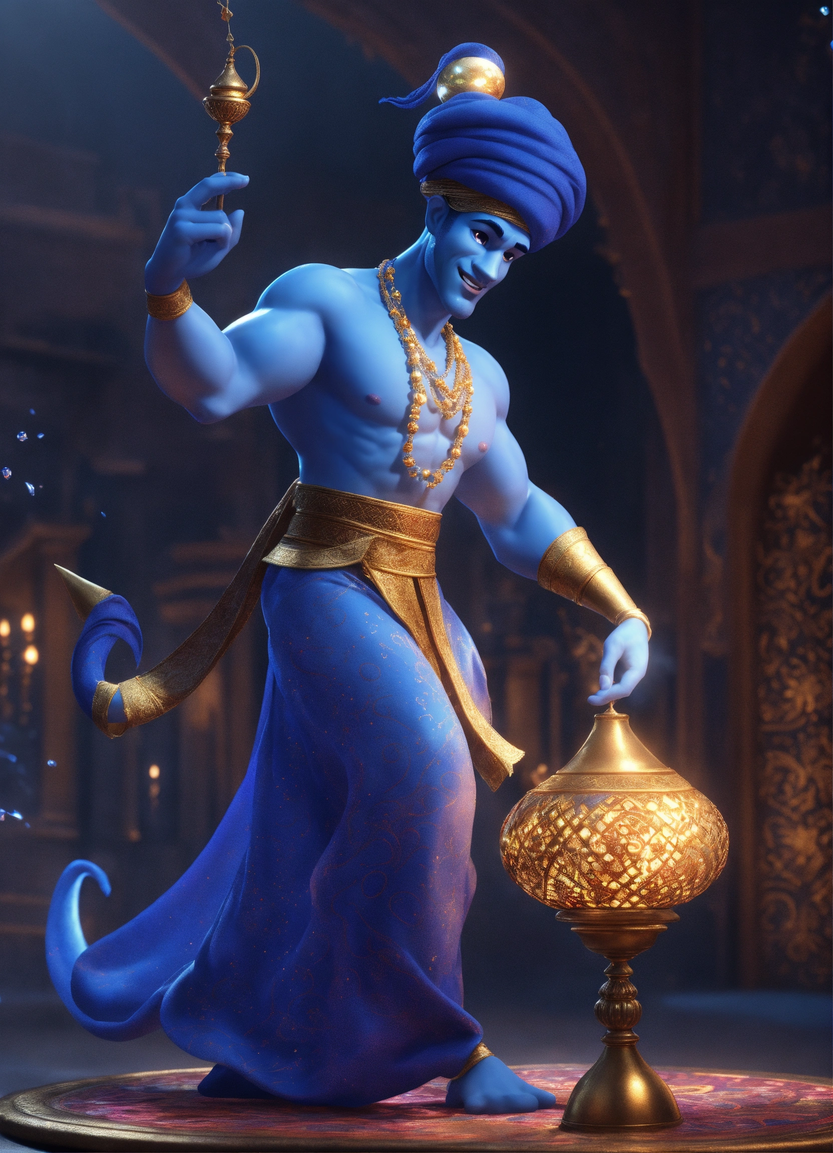 Lexica - Create a 3D rendering of a magical blue Arabian male genie 