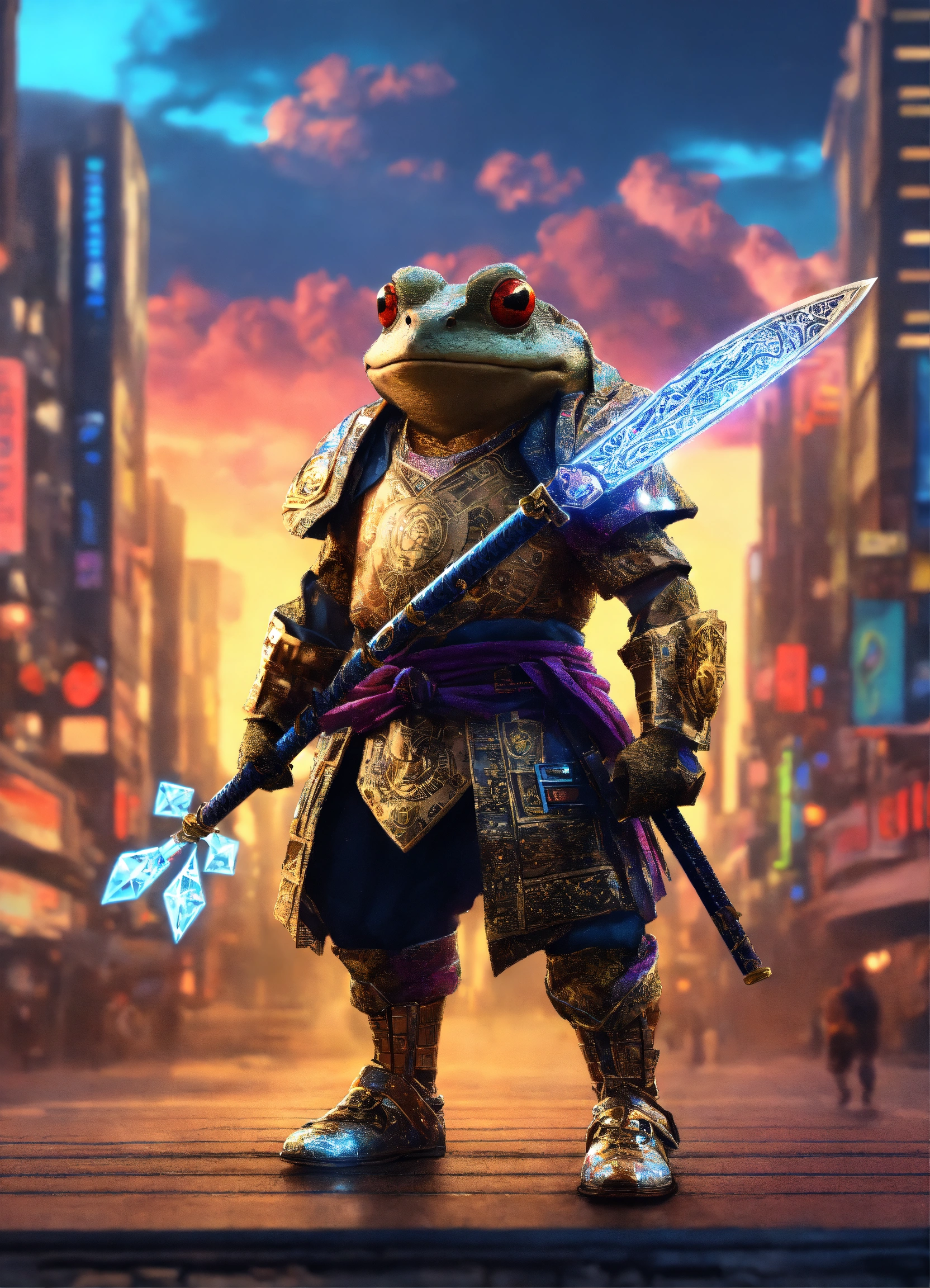 Lexica - A diamond metal occult toad as a Samurai with a sword in a ...
