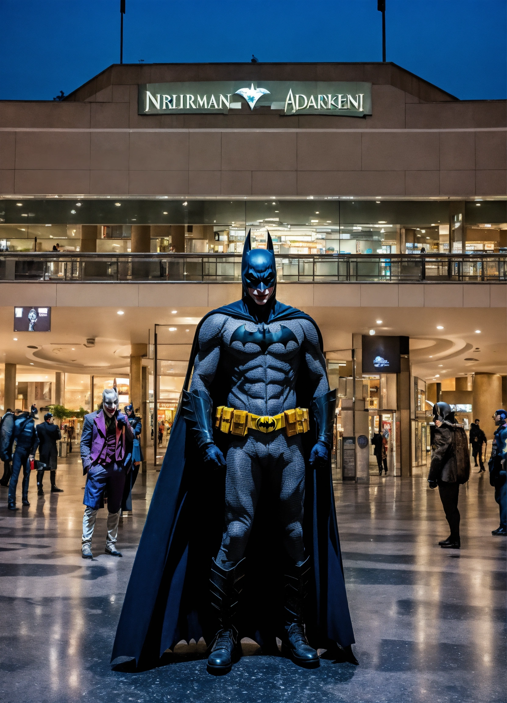 Lexica - Cross between Batman and The Joker standing outside of a mall ...