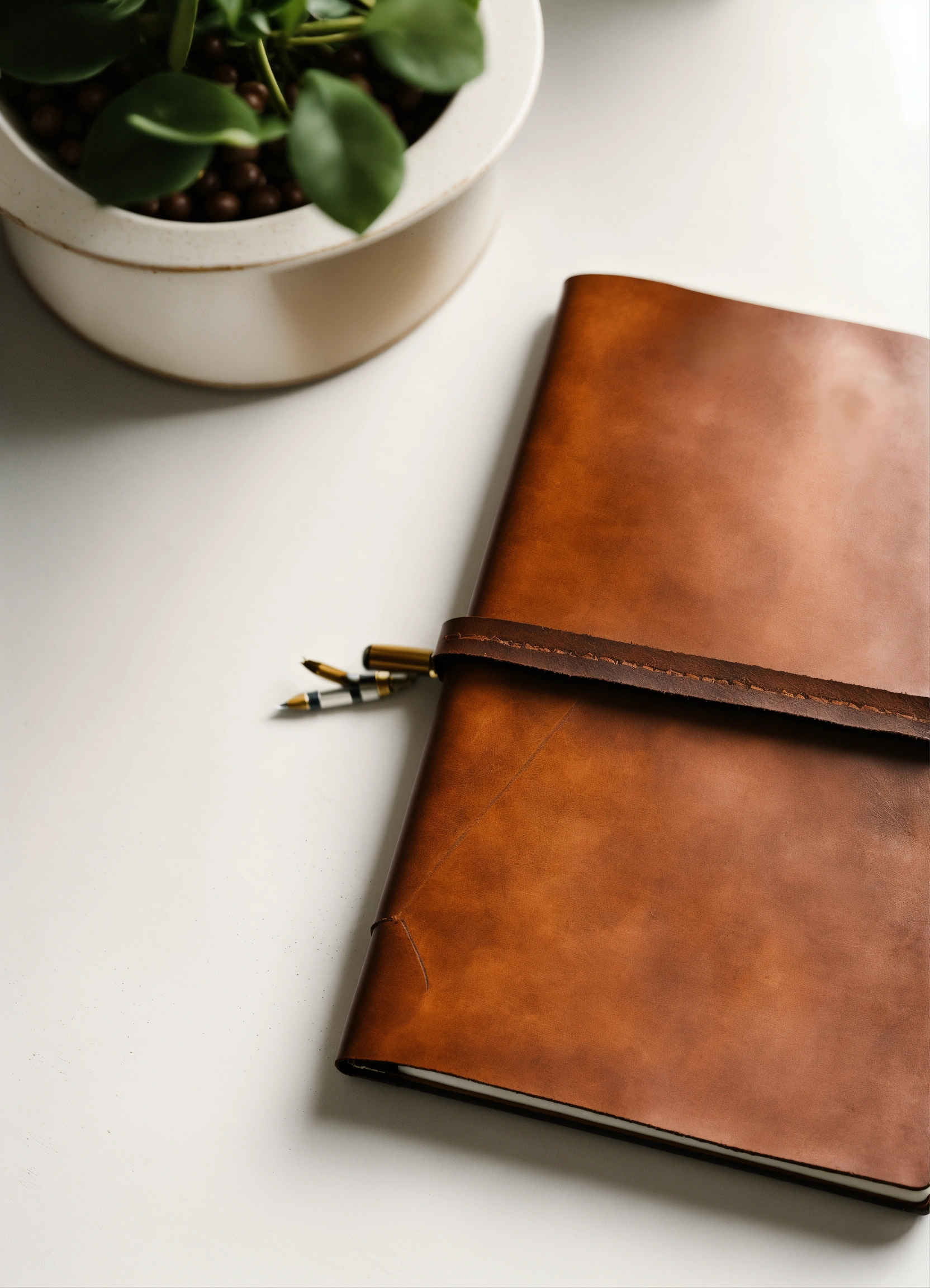Lexica - Leather notebook with pen lying on a white table, top view ...