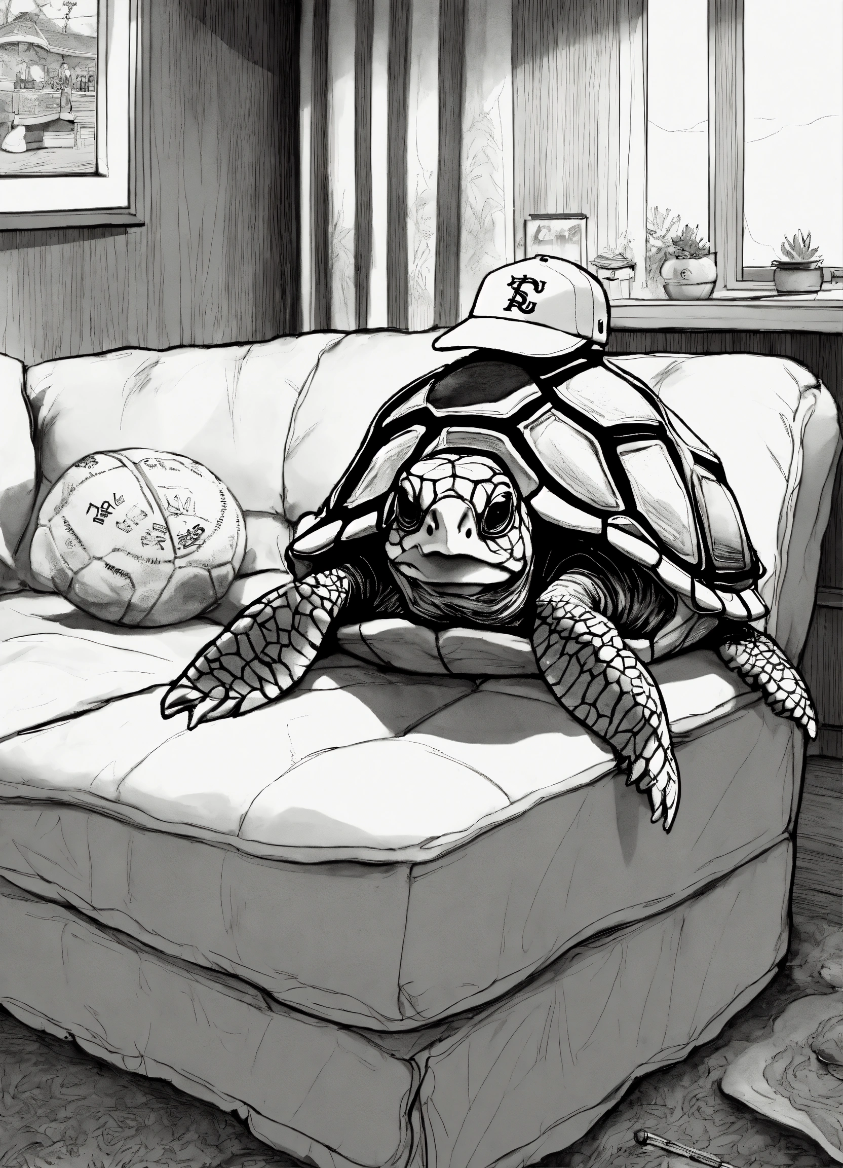 Lexica - An ink drawing of a sea turtle wearing a baseball hat on a ...