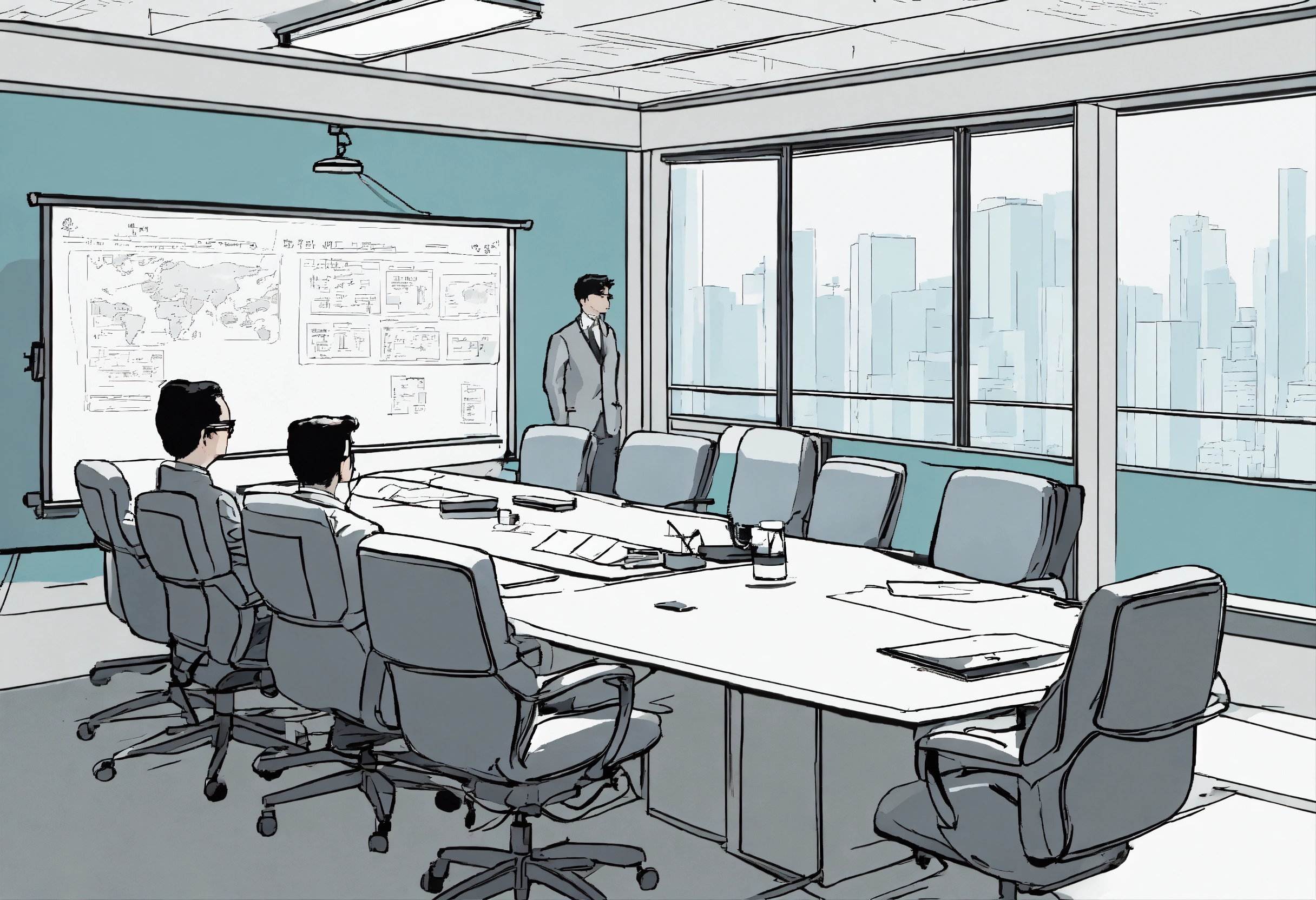 Lexica - Detailed line drawing of a conference room. there are two ...