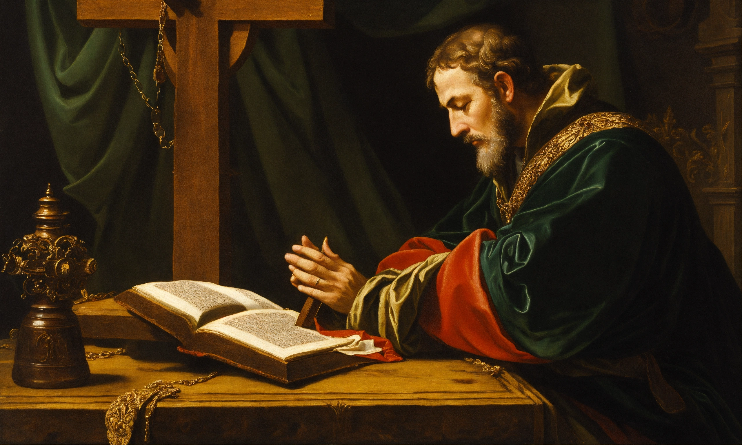 Lexica - Renaissance oil painting of a man praying to a wooden cross