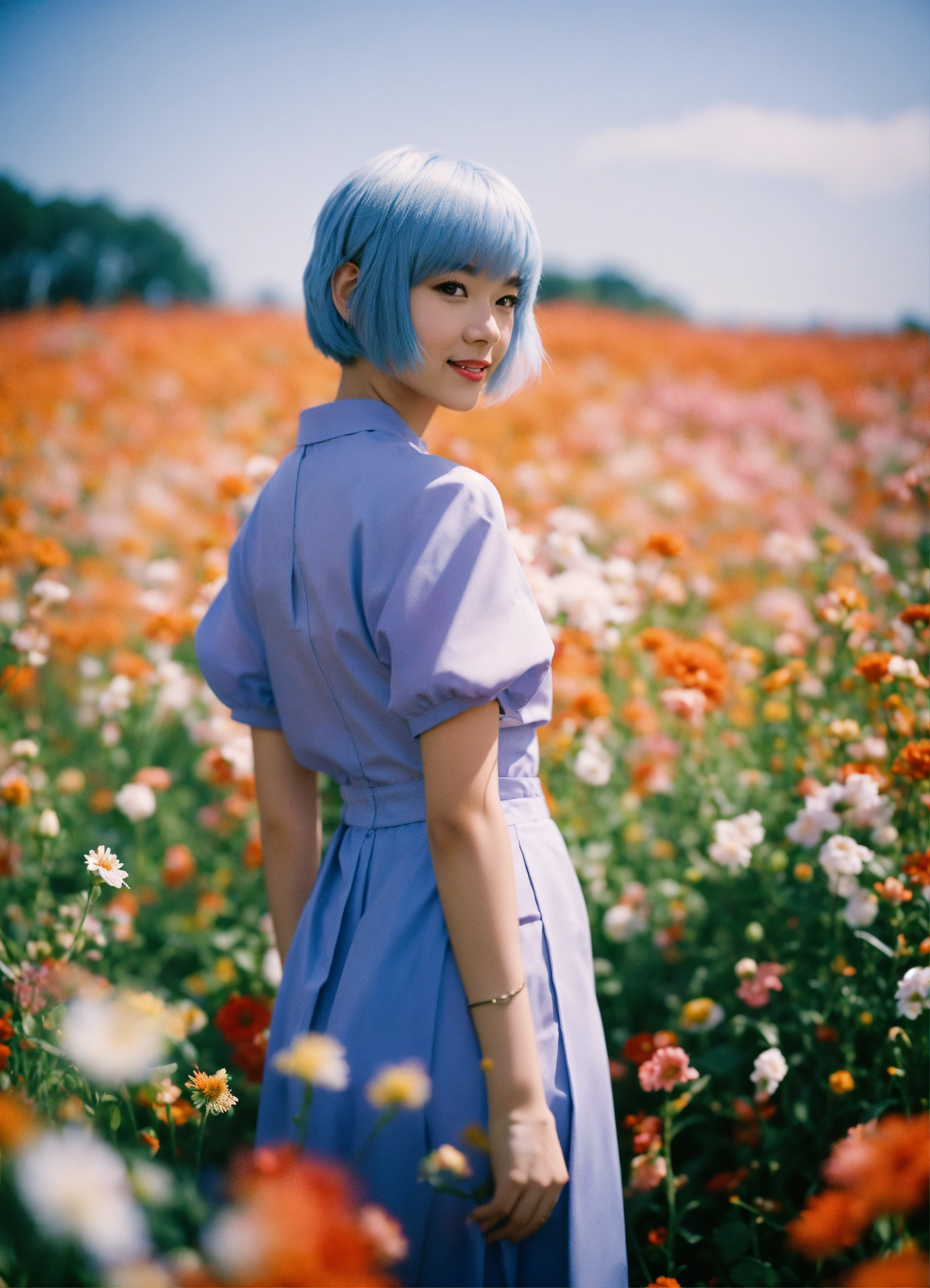 Lexica Happy Rei Ayanami standing in a beautiful field of flowers