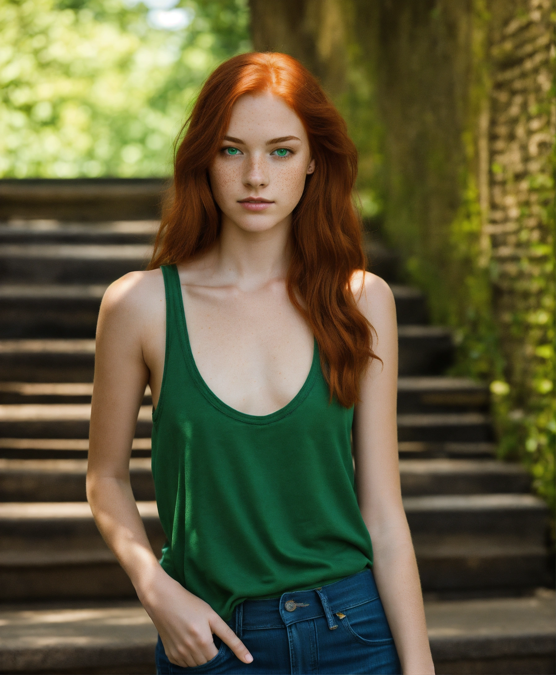 Lexica - Realistic photo of a tall and skinny twenty-year-old redhead female with freckles and