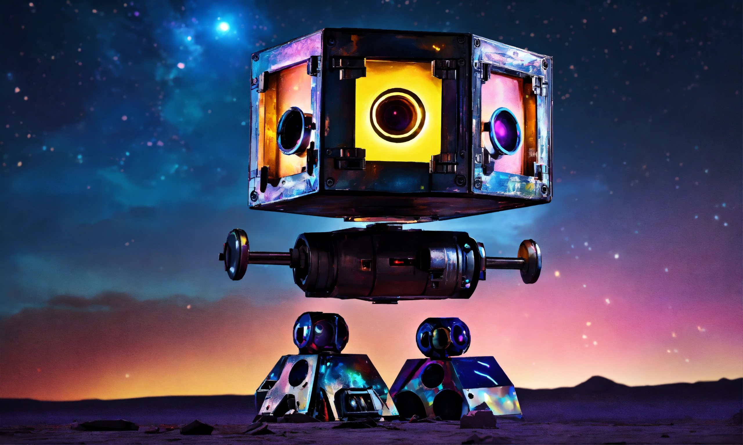 Lexica - Small floating polished steel cube bot with 2 round lights on ...