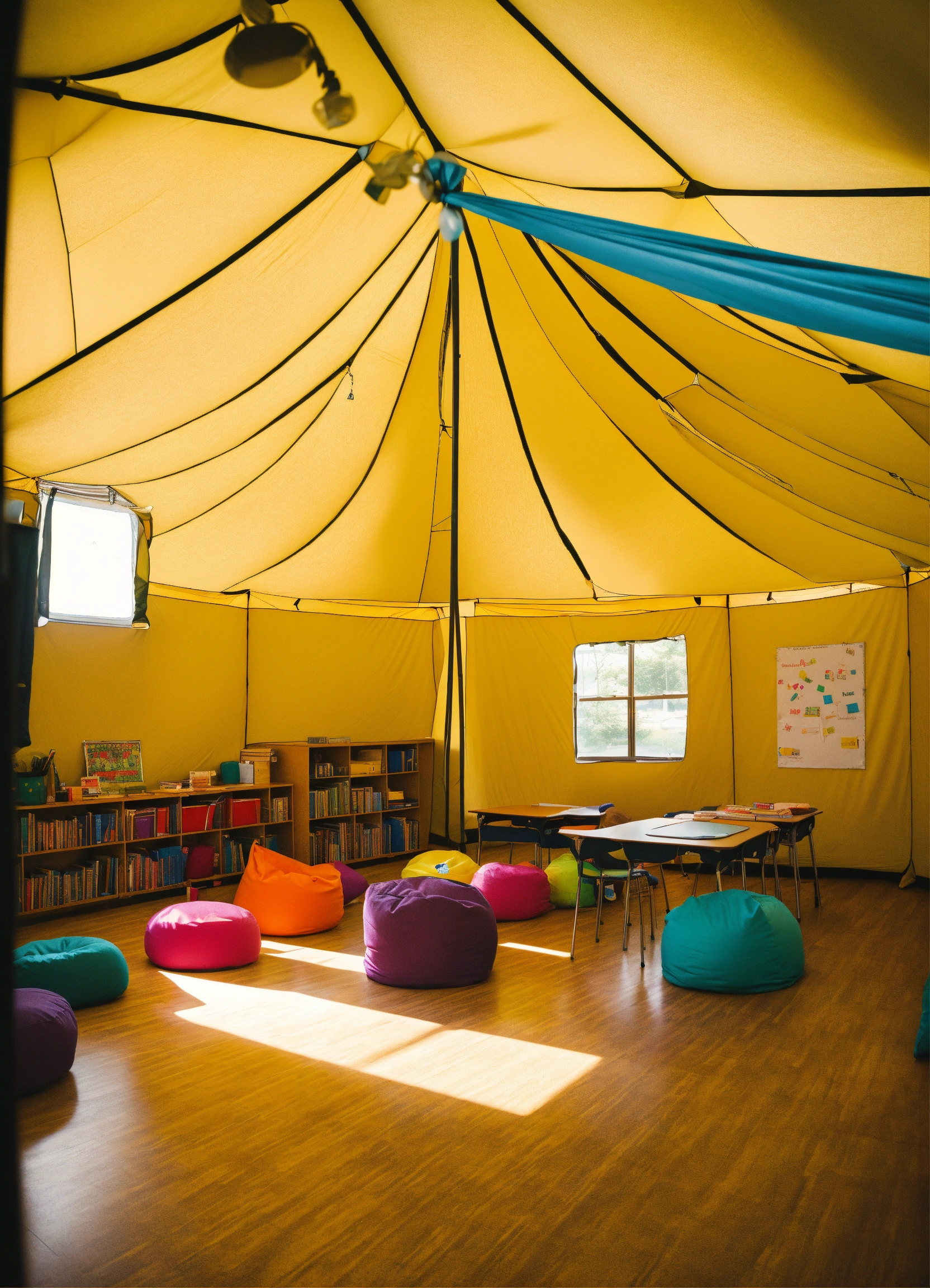 Lexica - A classroom with bean bags, a desk with 4 chairs around it and ...