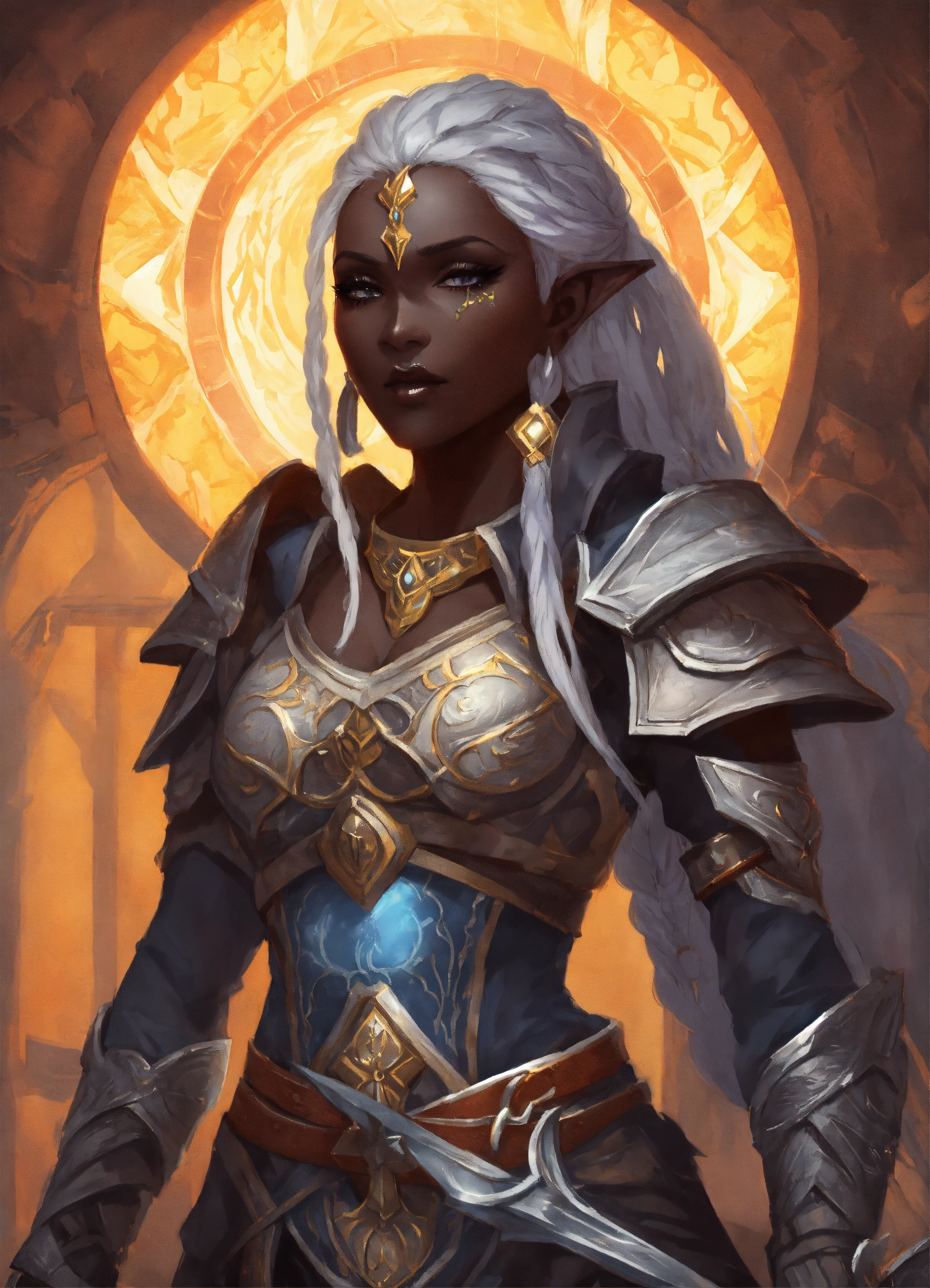 Lexica - A beautiful drow woman in sun themed armor. she has braids and ...