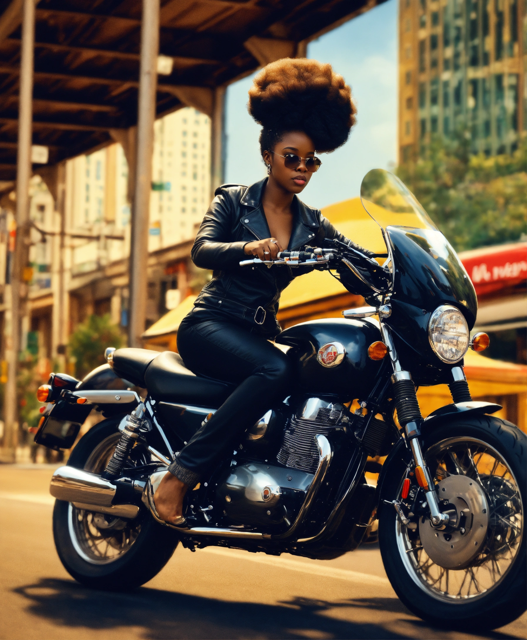 Lexica - Black woman with afro puffs riding motorcycle in the city ...