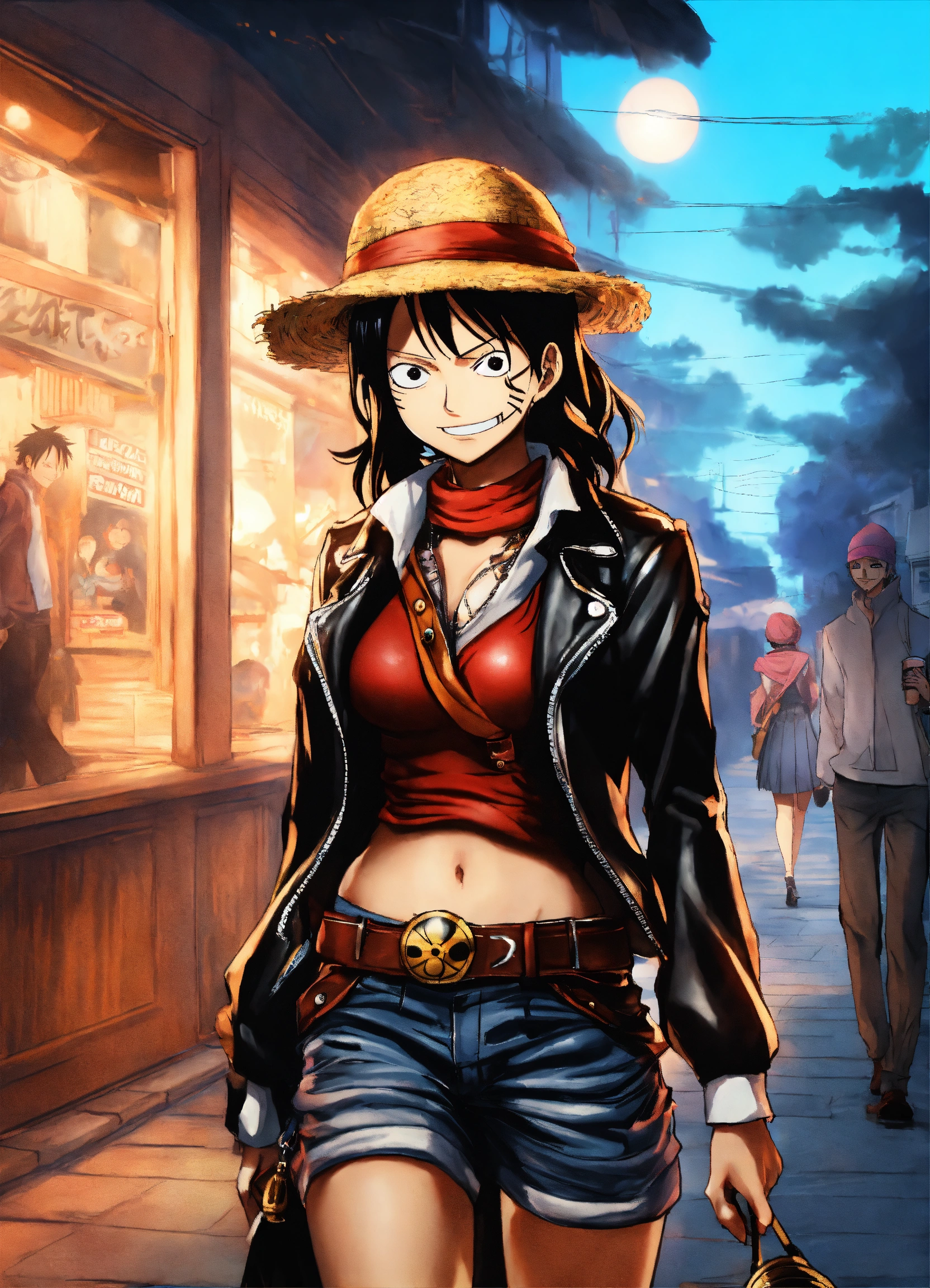 Lexica - Lady alvida from one piece wearing a black leather jacket, scarf,  leather skirt, walking hand in hand with luffy