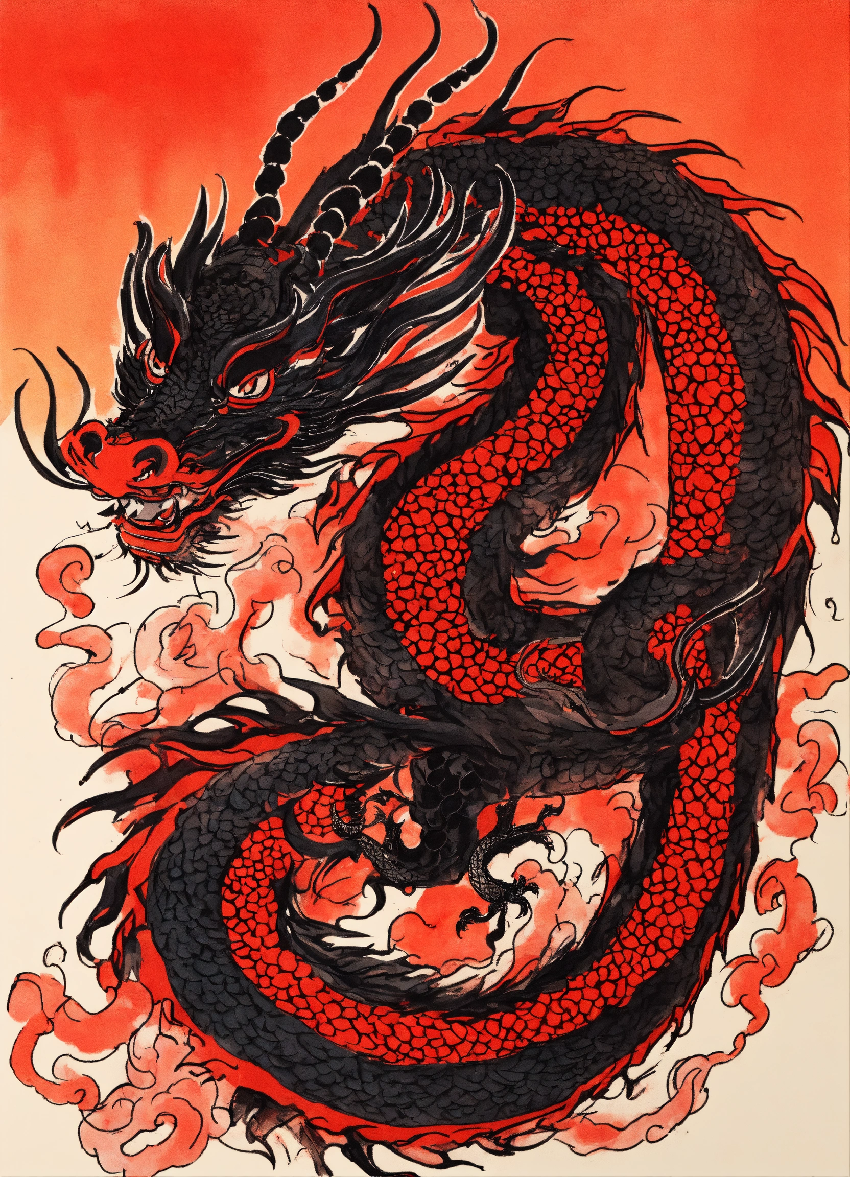 Lexica - Shuǐmò huà, 水墨画, black and red ink, a dragon in