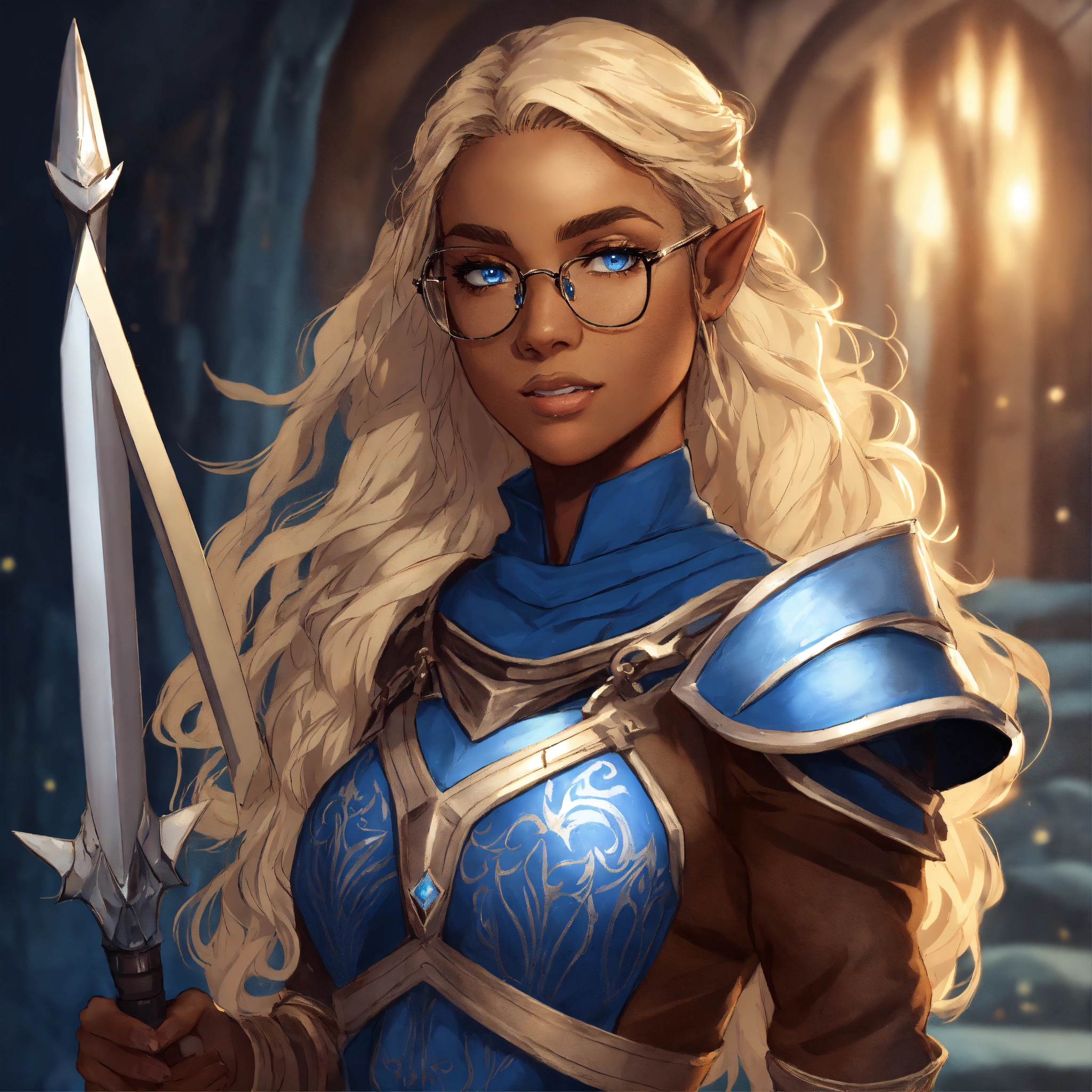 Lexica - A very brown skinned half elf woman, wearing glasses with deep ...