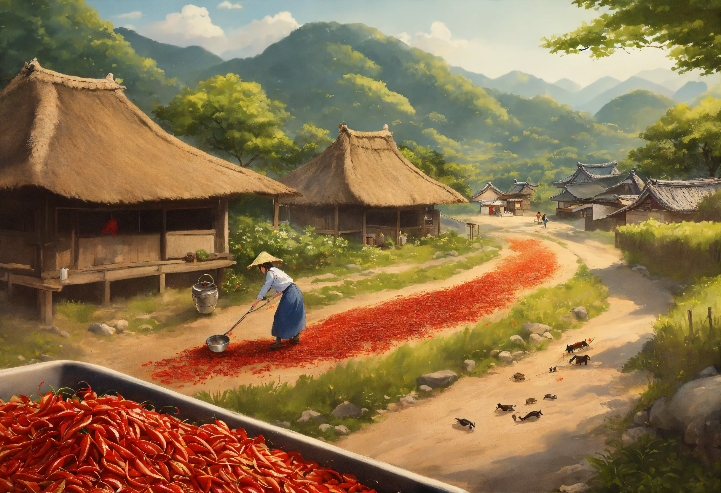Lexica - A rural landscape in Korea, with thatched huts, a stream, a ...
