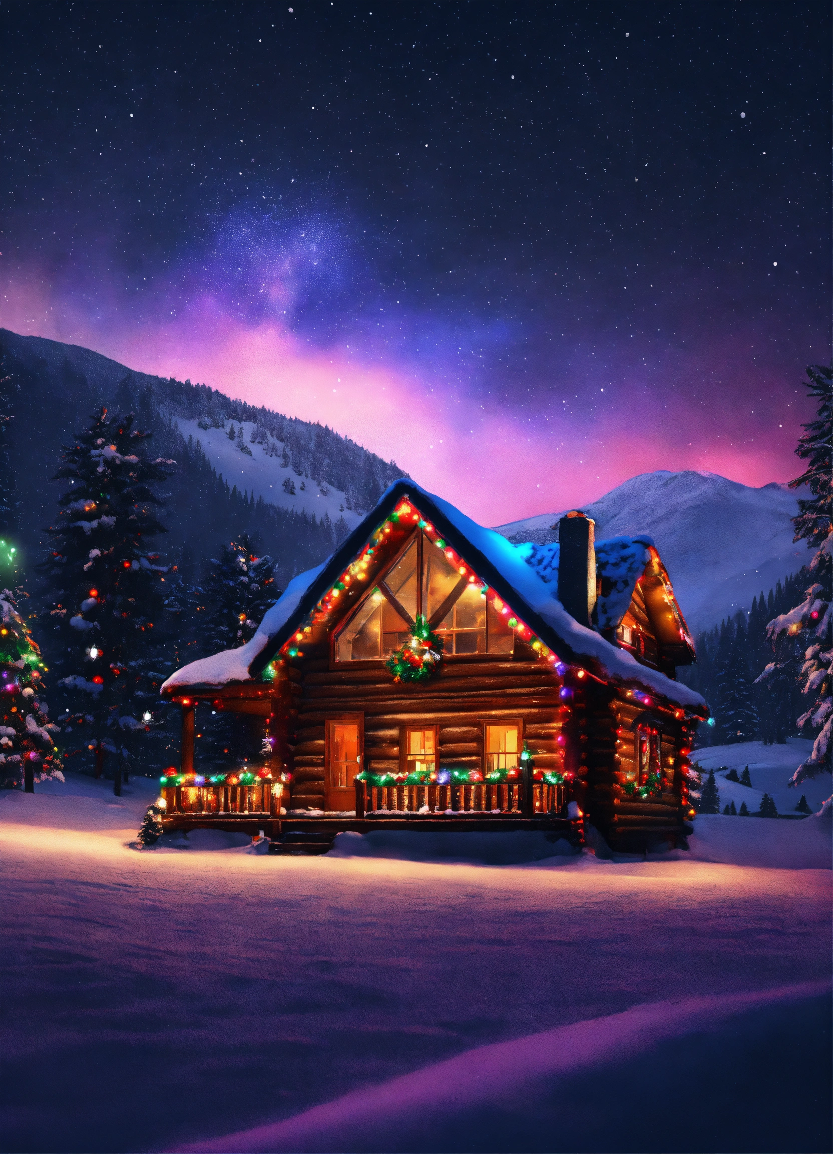 Lexica - Log cabin in the mountains with bright colorful Christmas ...