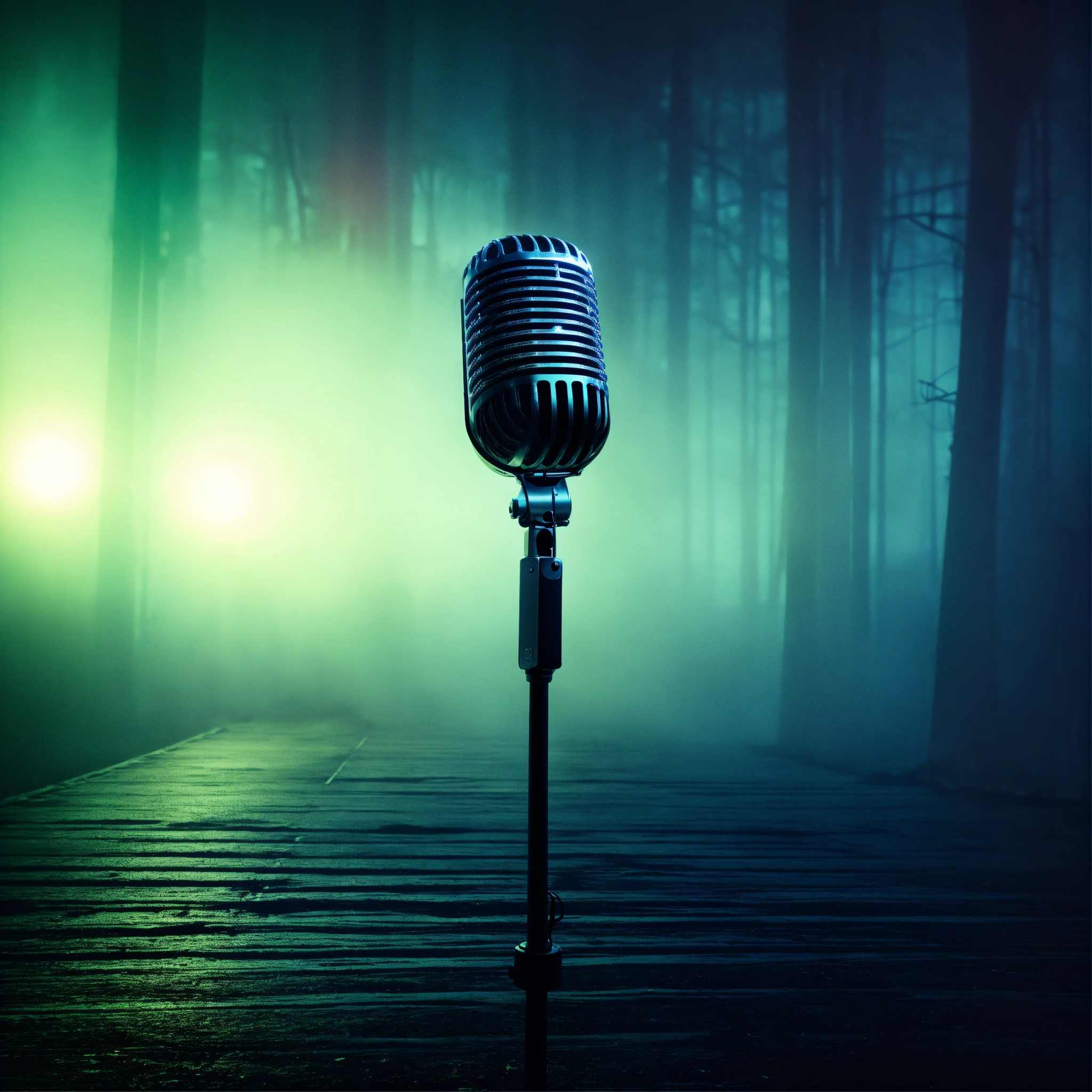 Lexica - Microphone on a long stand in dark fog, glitch art