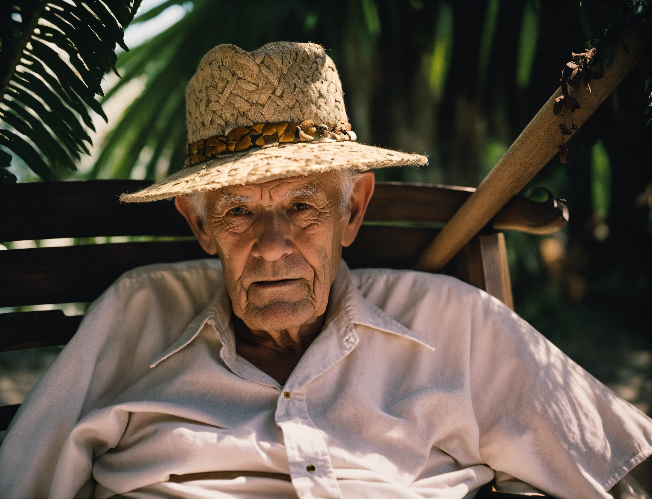 Lexica - A wise WHITE old man with bakoua hat in a tropical setting ...