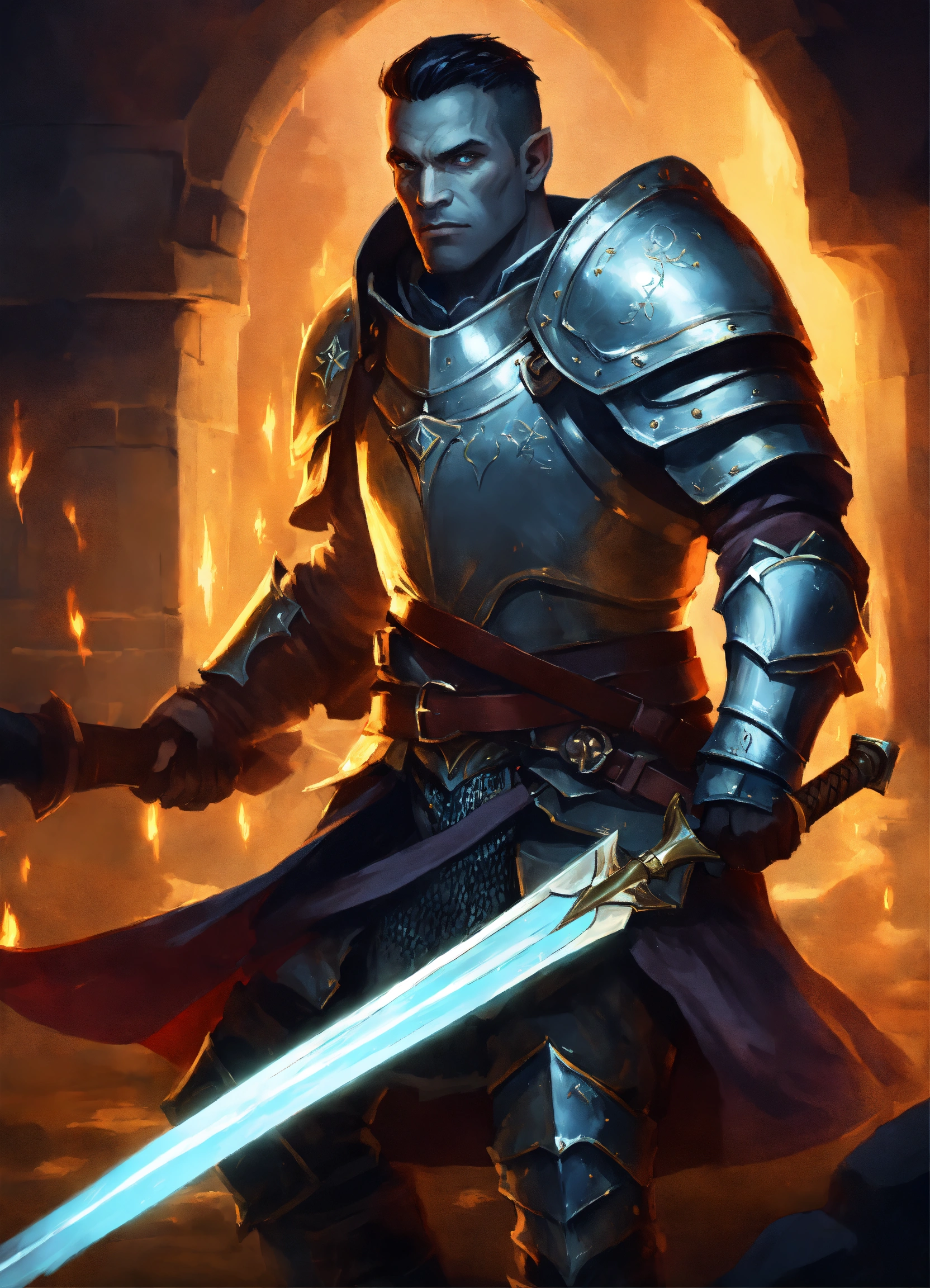 Lexica Half Orc Paladin Male Grey Skin Half Plate Armor Holding A Glowing Sword Medieval