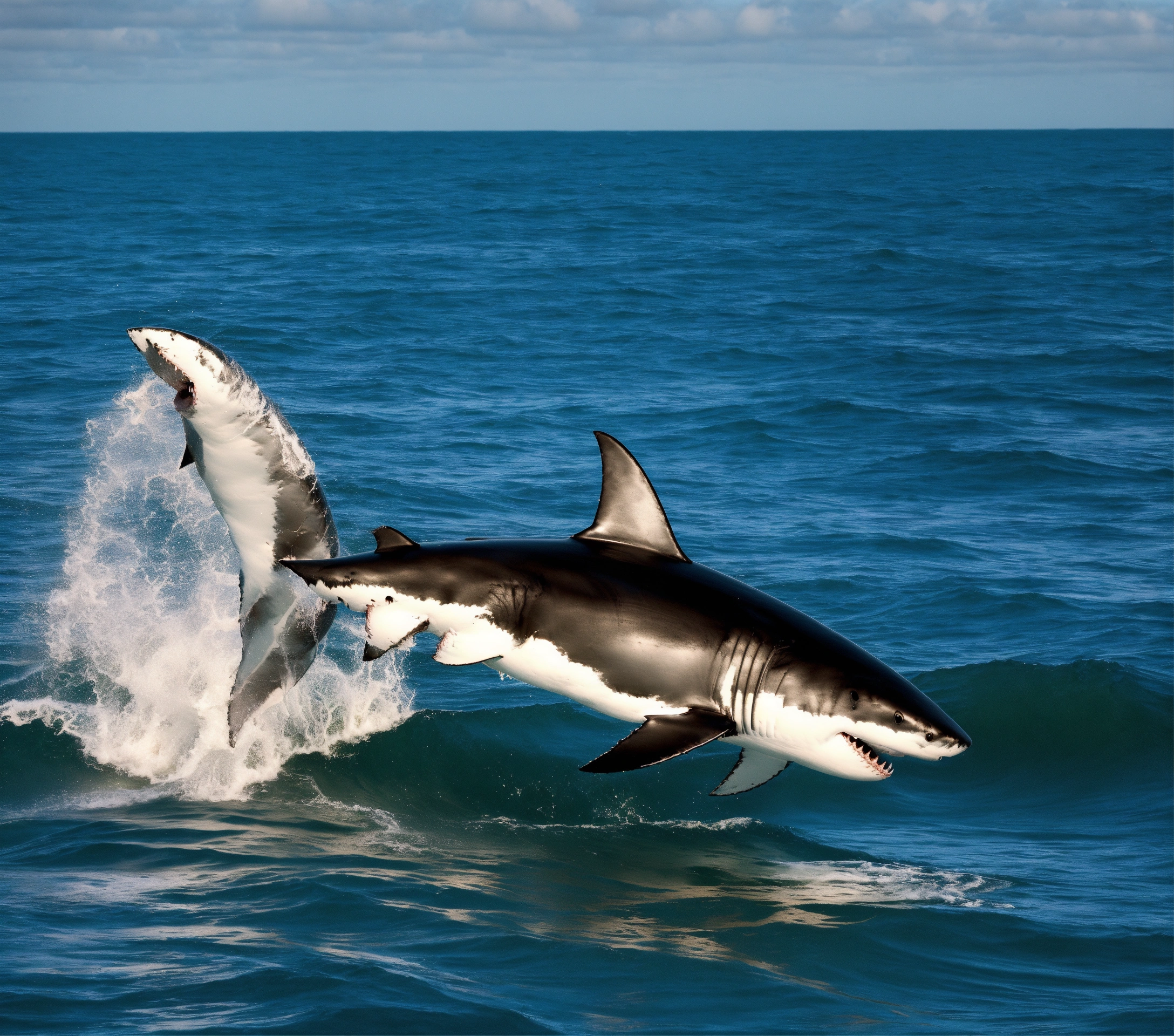 Lexica - Great white shark jumping out of the ocean water chasing after ...