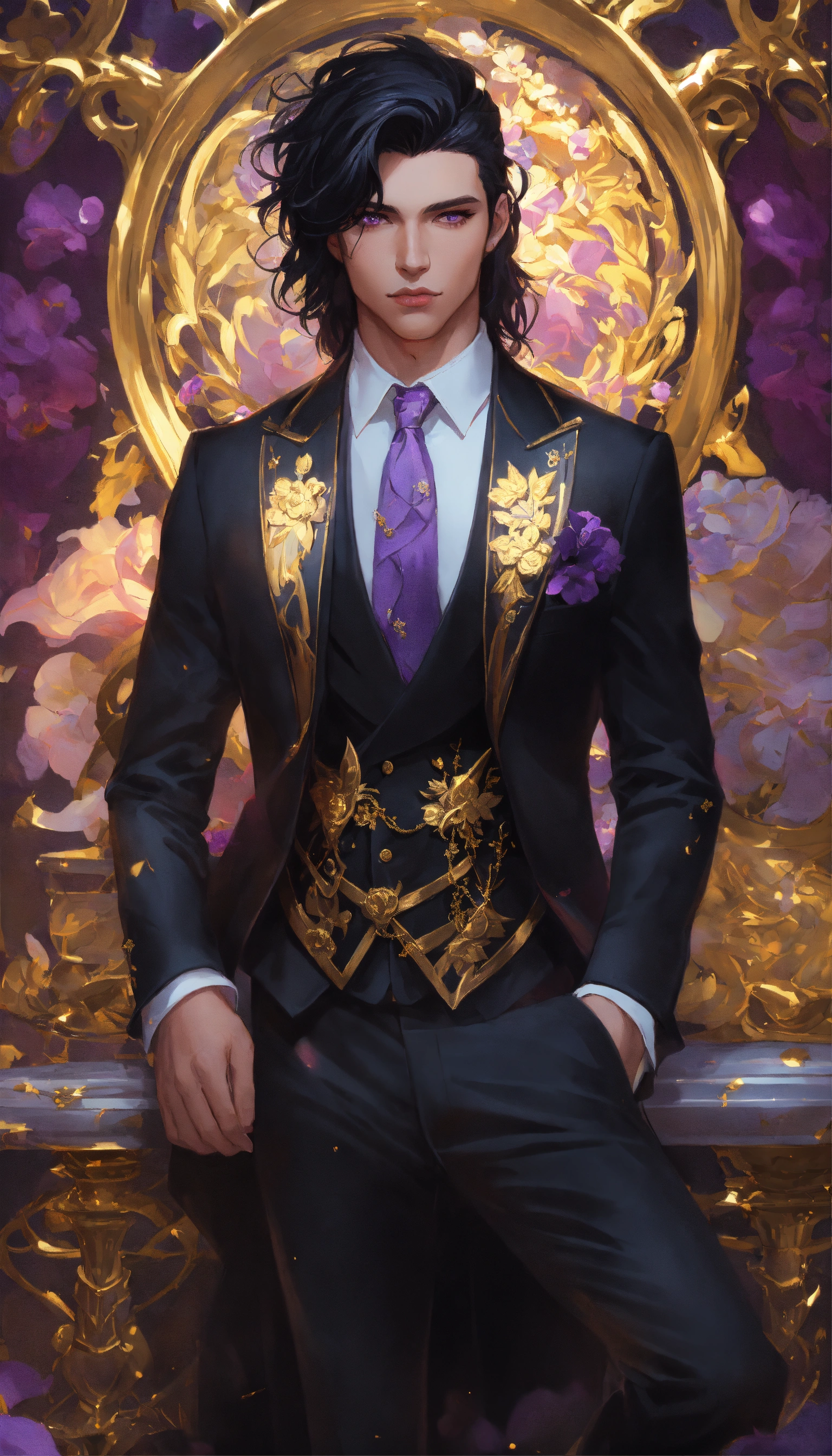 Lexica - Fullbody Portrait of a man in a black suit, gold adornments ...