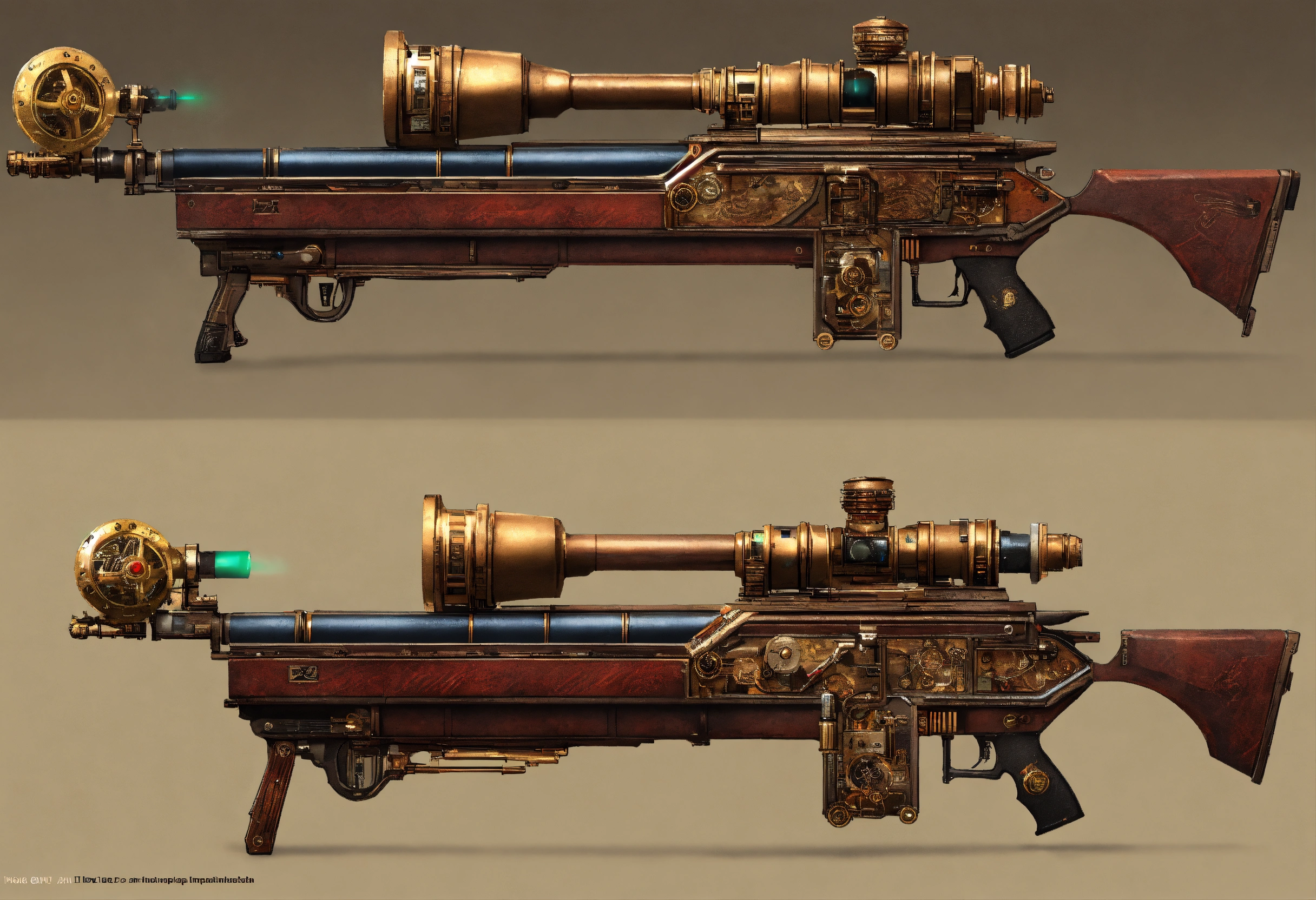 Lexica - Side view of the full image of a steampunk energy rifle