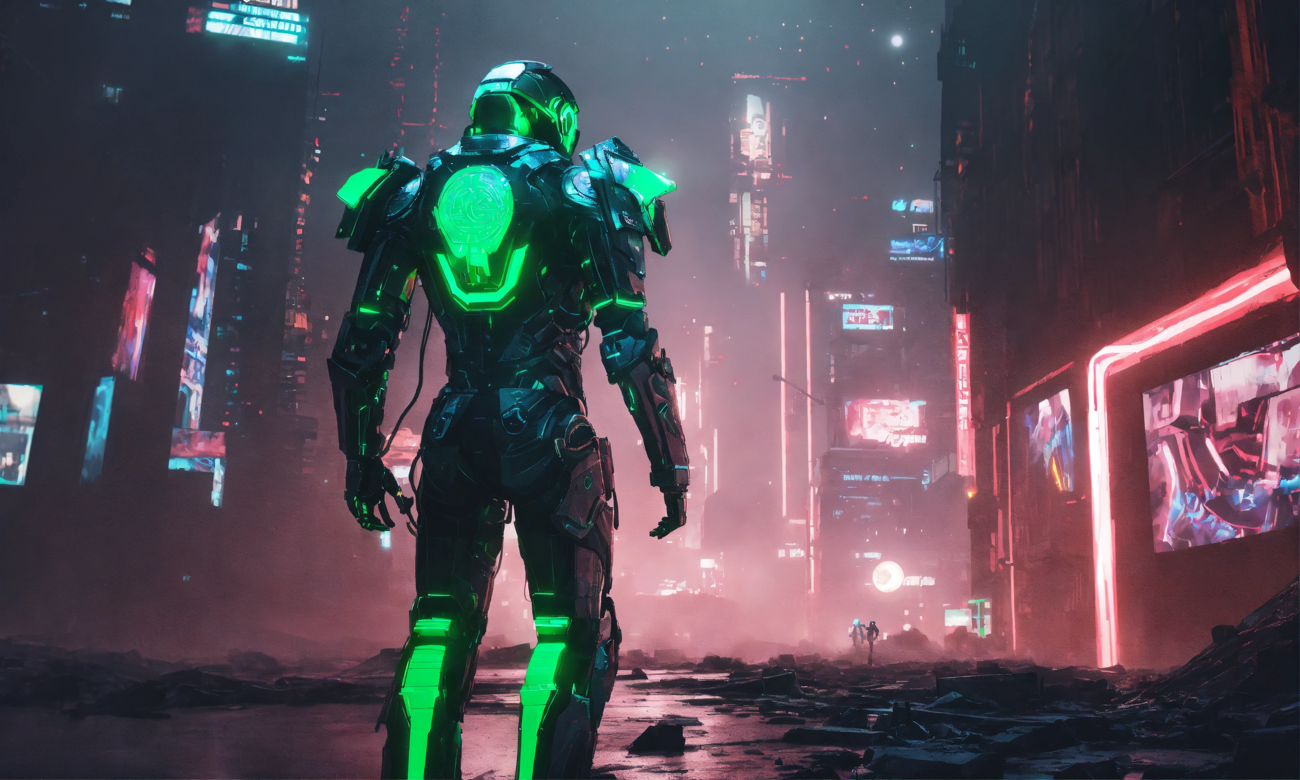 Lexica - Futuristic, humanoid, iron suit, bue and green neon lights ...