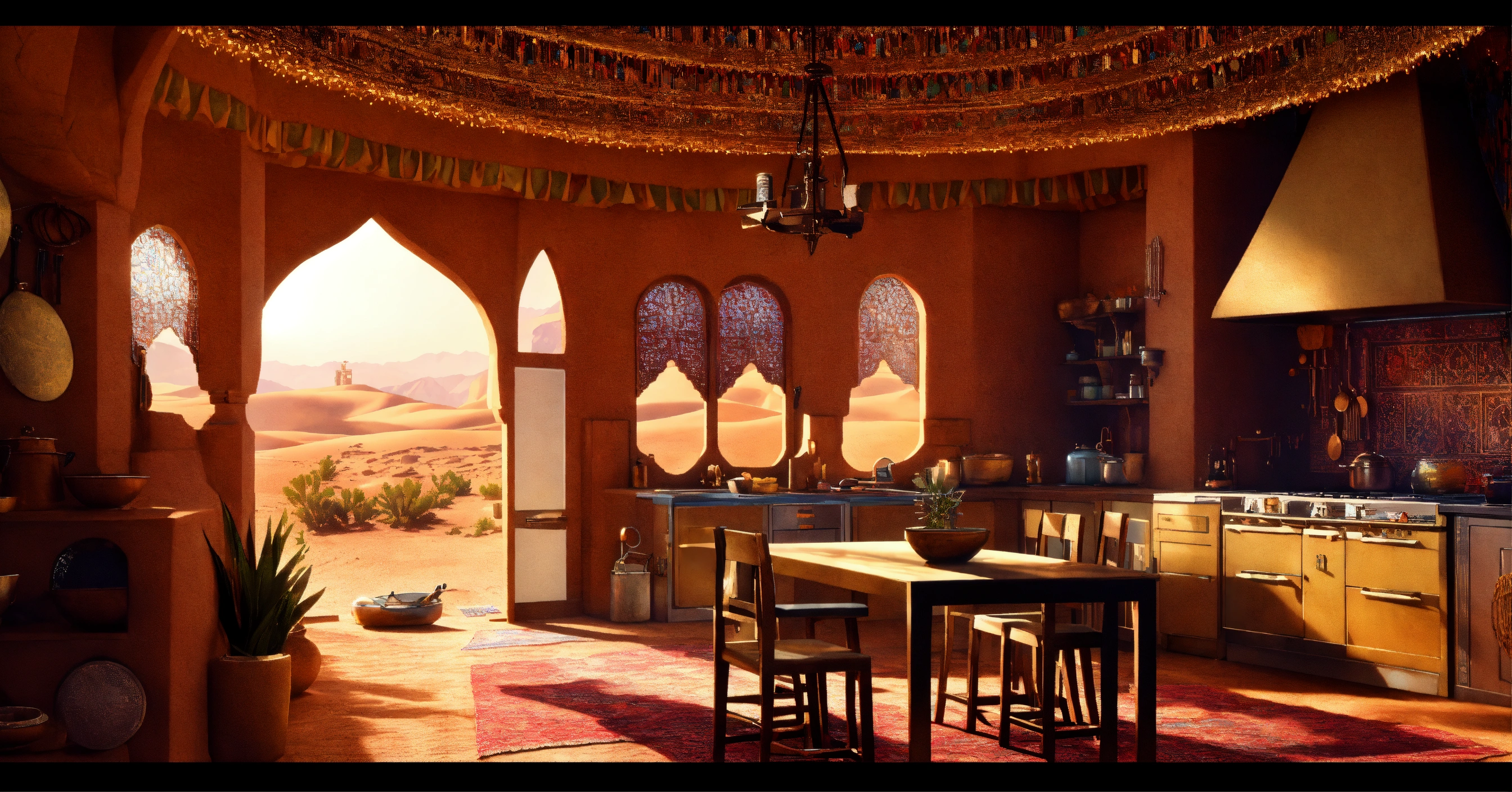 Lexica - Concept art of a large desert home kitchen, jakku, desert, hut ...