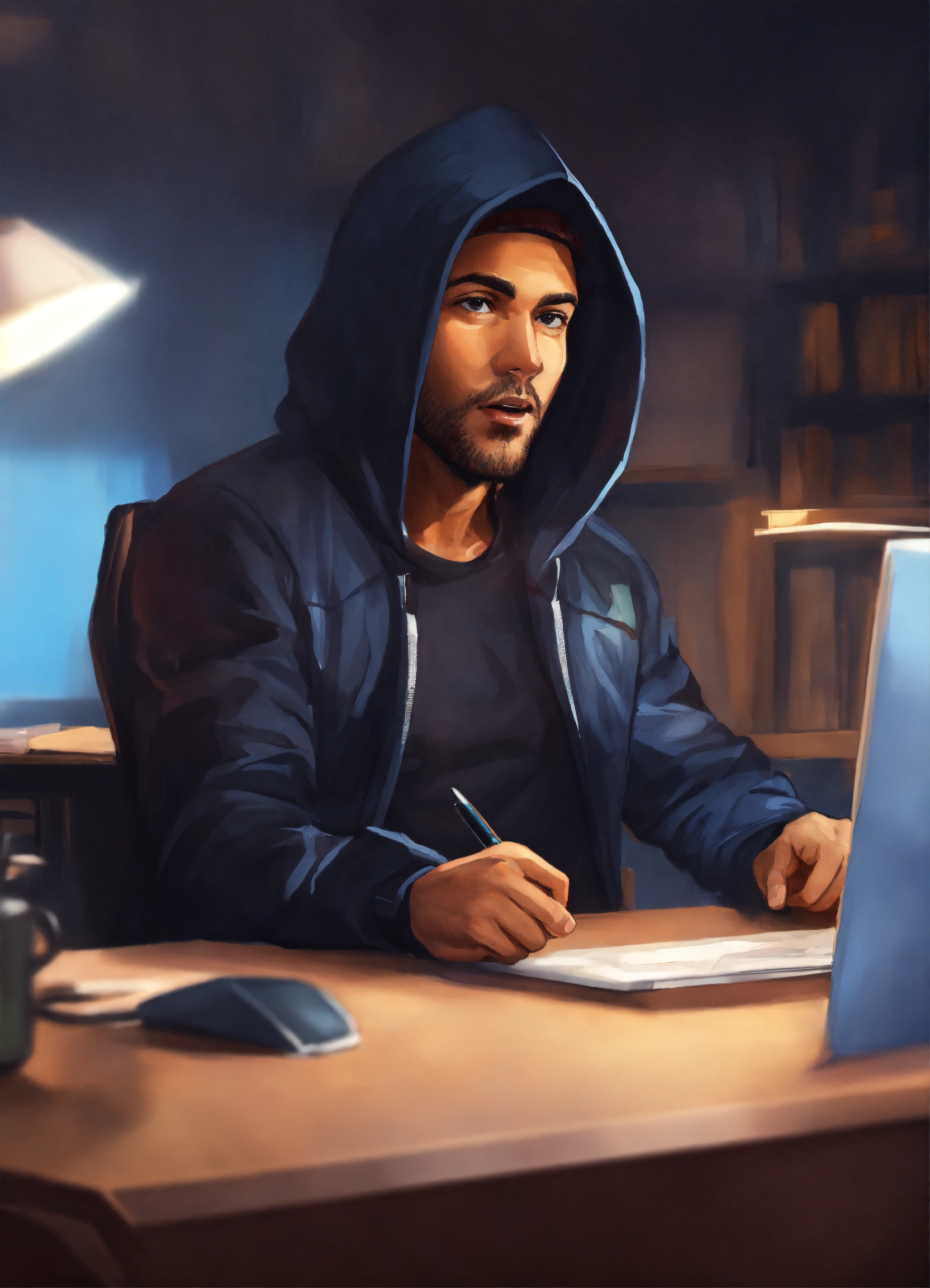 Lexica - Cartoon style man sitting on office desk with the hood on the ...