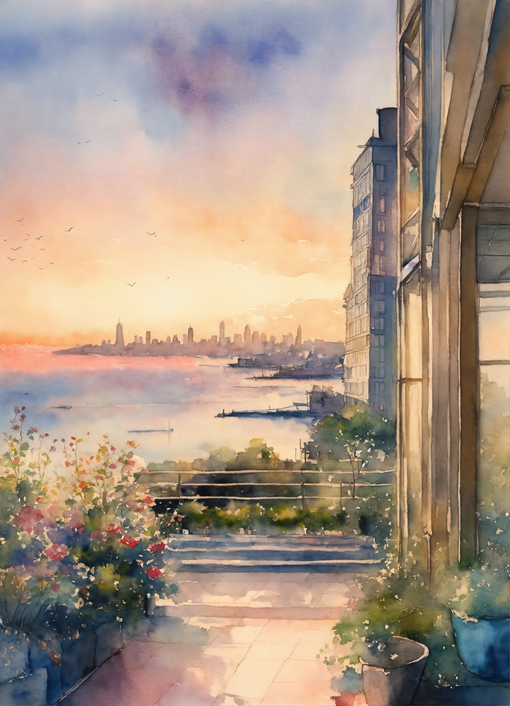 Lexica - Watercolour, back perspective, City Skyline, Garden, Ocean ...