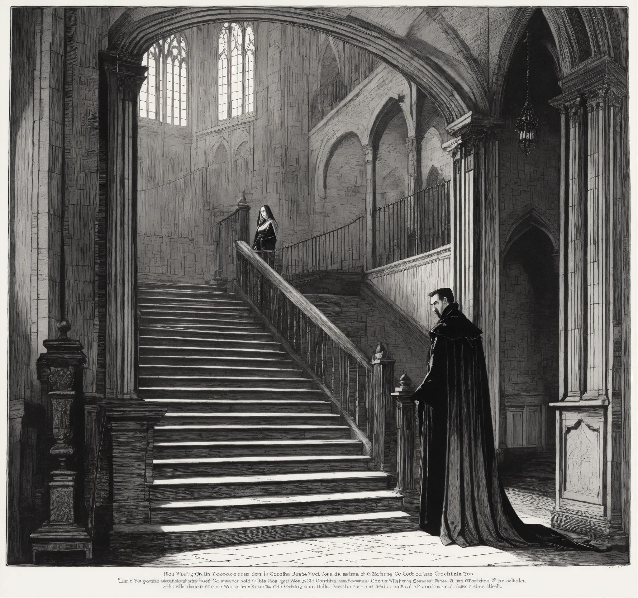 Lexica - Line art engraving; count Dracula in an old gothic castle ...