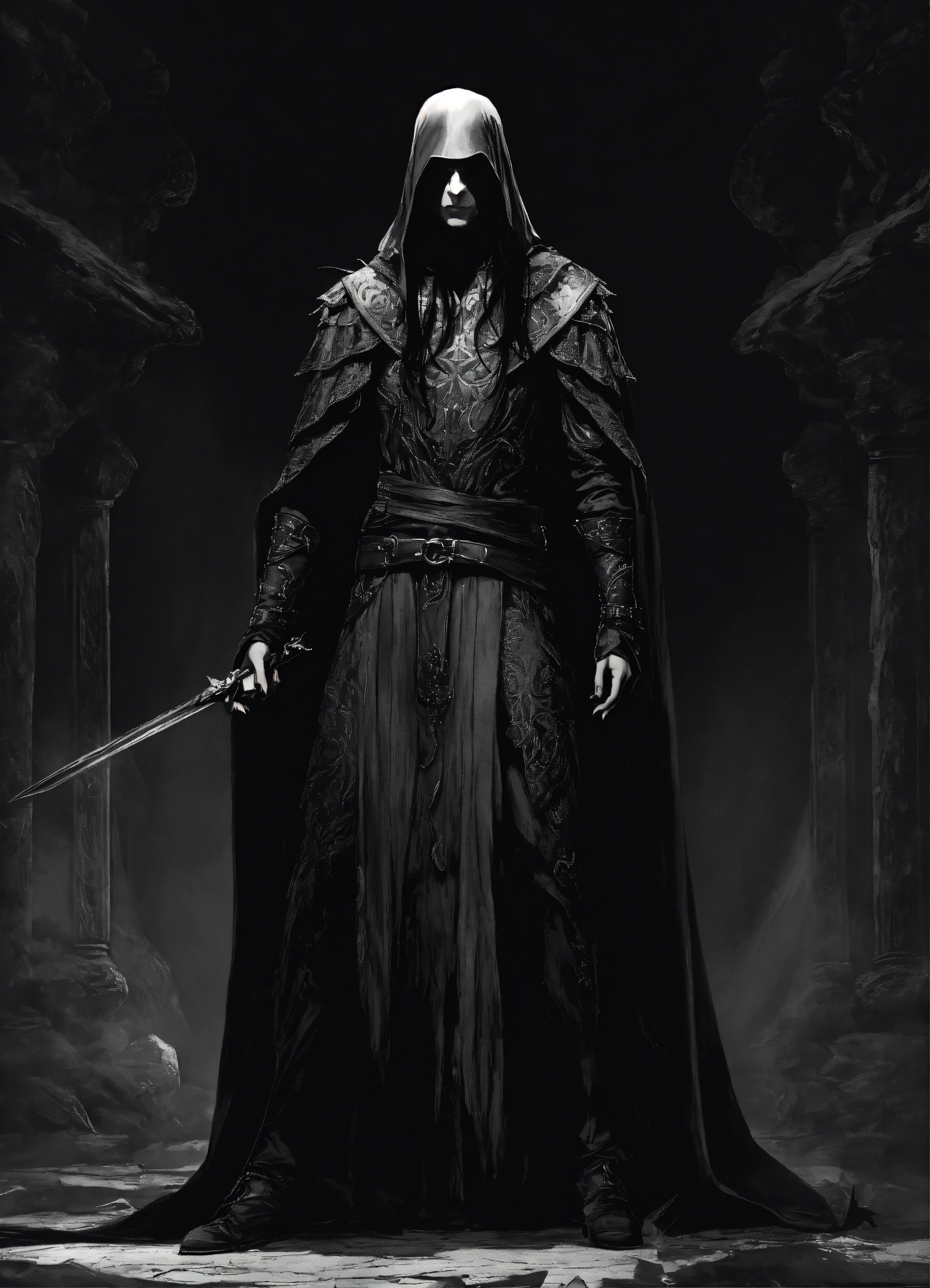 Lexica - A thin man with long black hair is dressed in a black ...