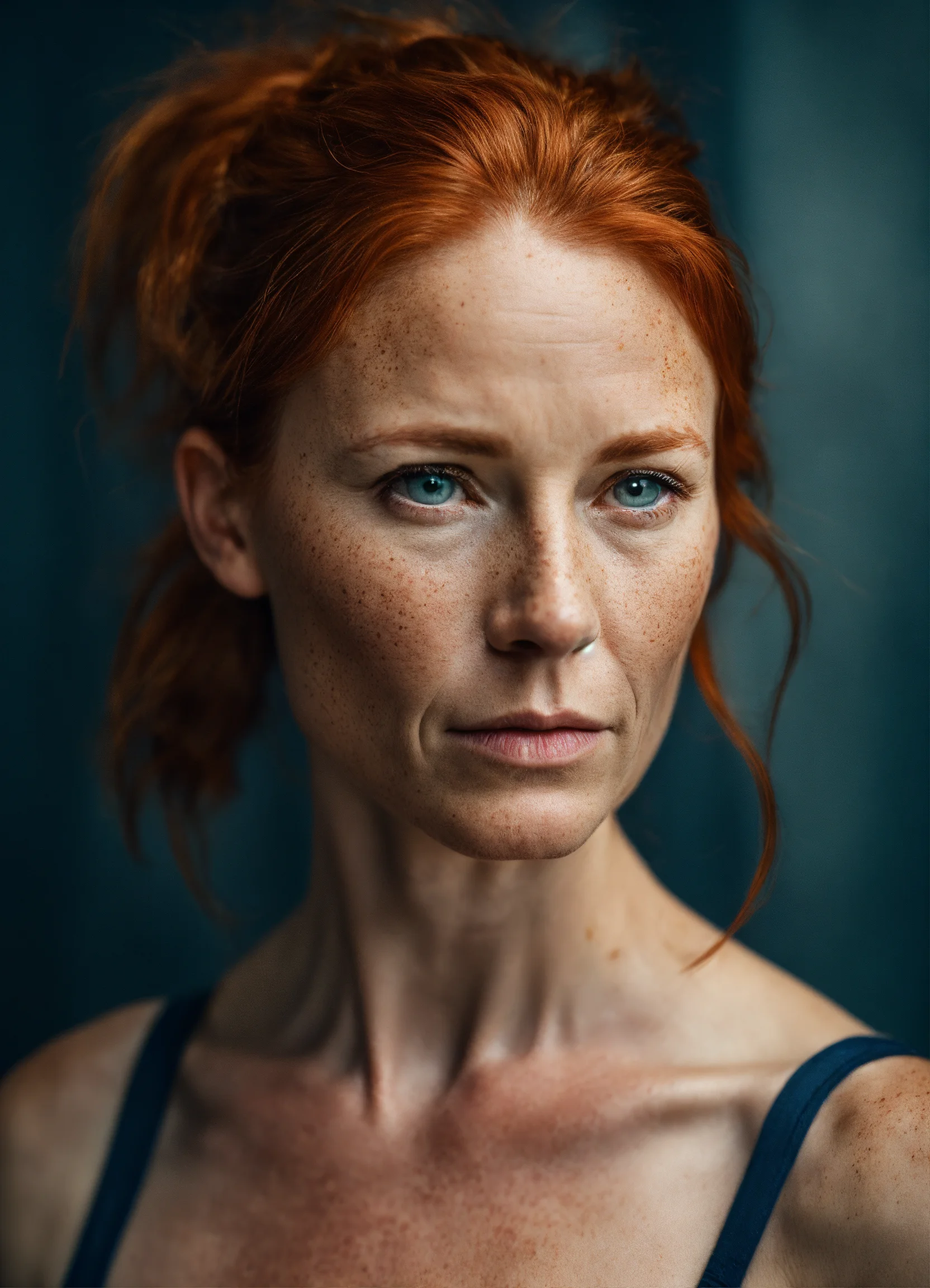 Lexica - Photo of a 50 years old redhead with brown shiny eyes, red hair in  a ponytail, deeply depressed expression, rounded cheeks with some freckle...