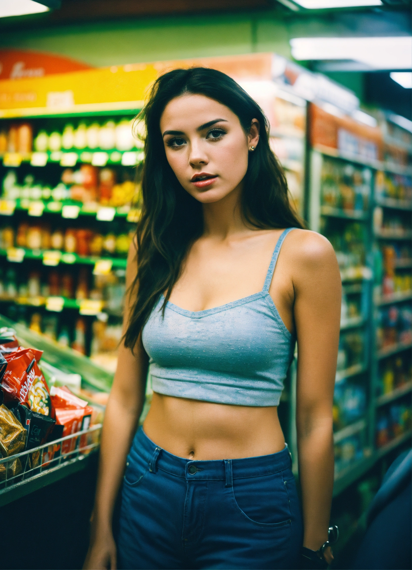 Lexica - Candid photo of a young brunette woman wearing a crop top and a  short is taken at a European convenience store during the night,  high-qualit...