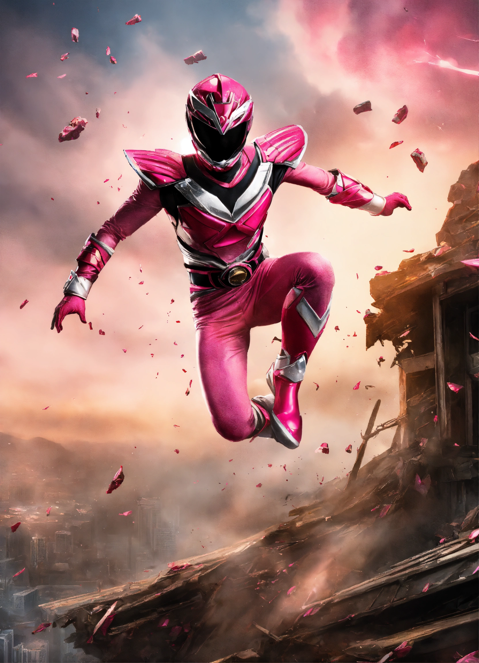 Lexica - Realistic image of the pink power ranger falling in battle ...