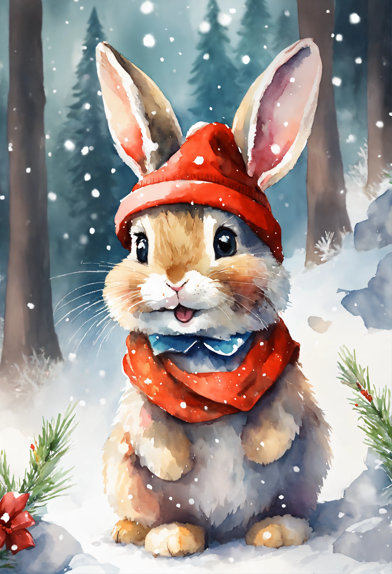 Lexica - A cute happy rabbit in forest with Christmas hat , presents ...