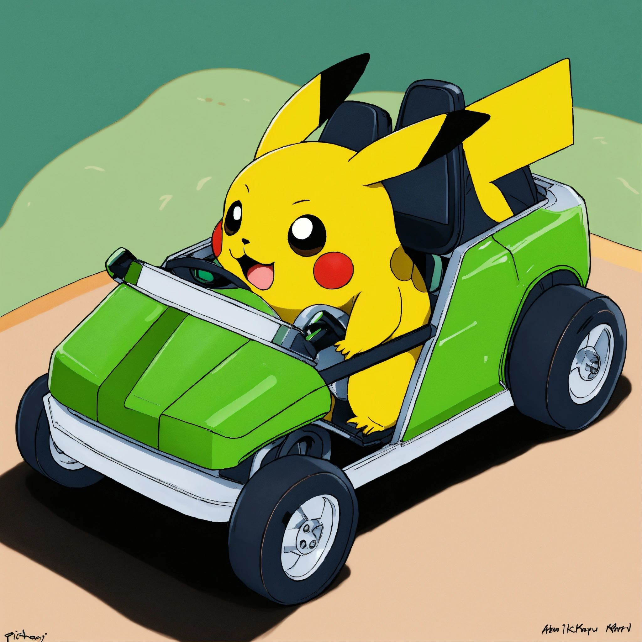 Lexica - Draw me a pickachu riding a green go kart